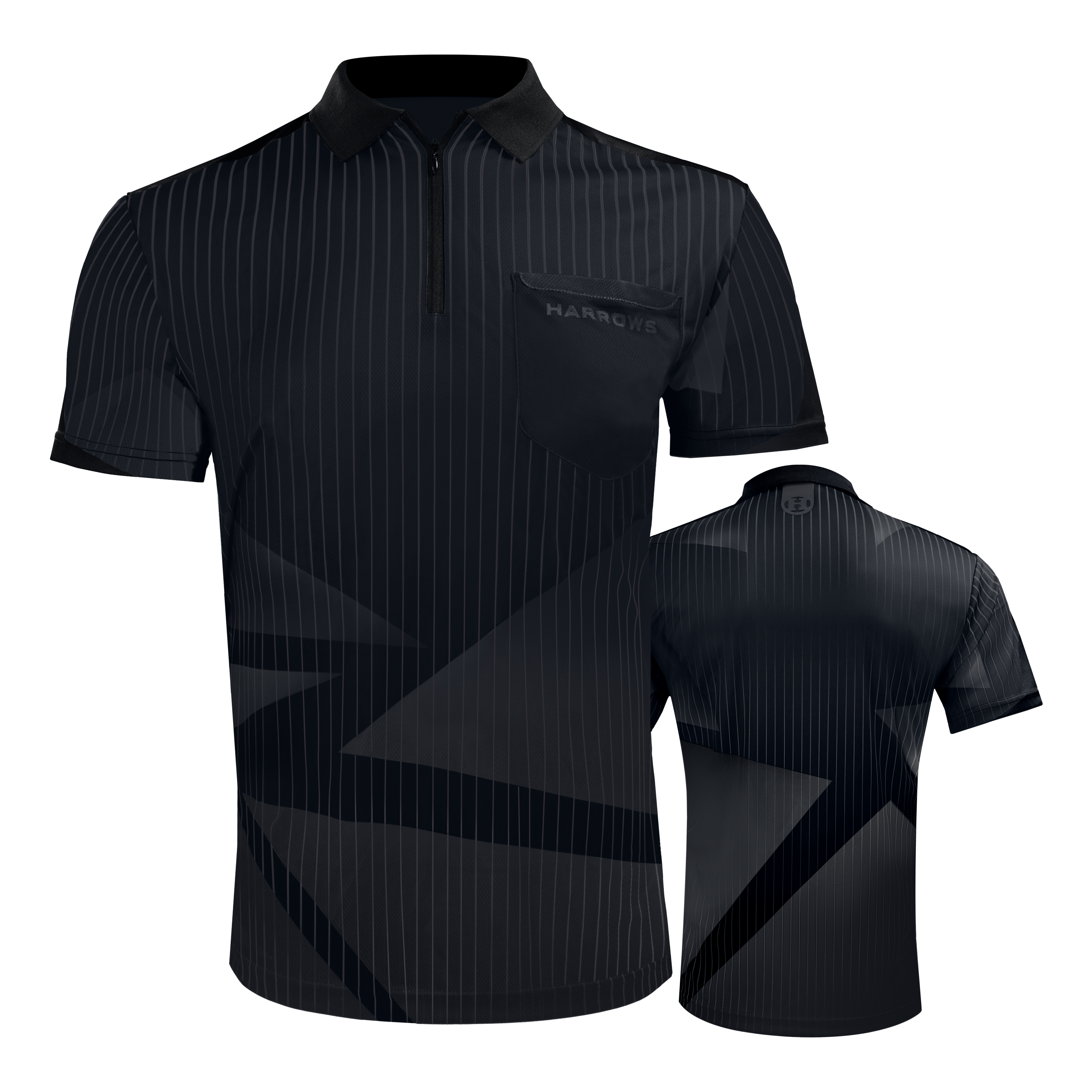 Harrows Shard Dartshirt - Schwarz Das Bild zeigt das "Harrows Shard Dartshirt - Schwarz" mit kurzen Ärmeln und dezentem Streifendesign. Auf der Brust befindet sich eine kleine Tasche mit dem Harrows-Logo.