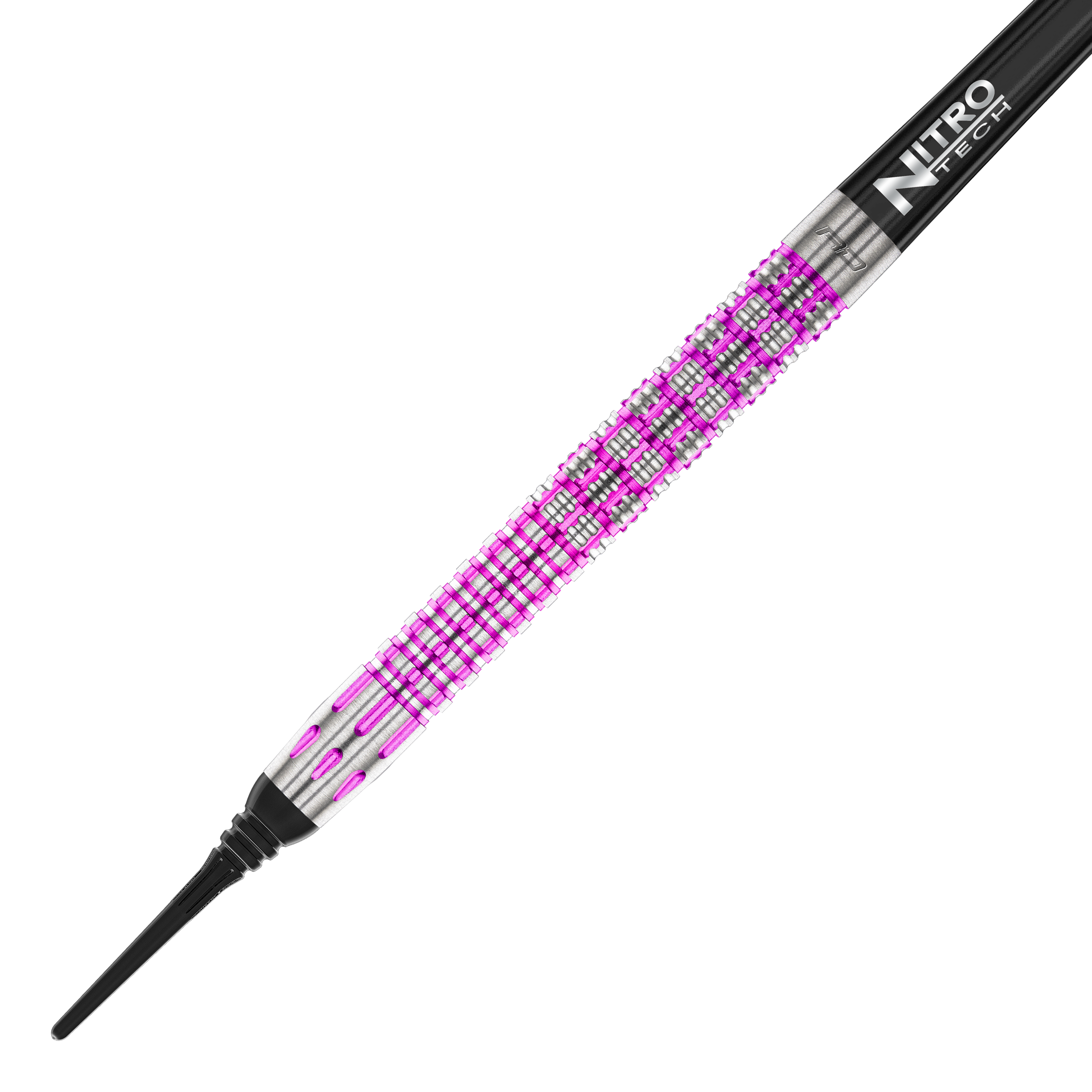 Das Bild zeigt einen Red Dragon Tyrian Softdart mit einem Gewicht von 22g. Der Dart hat ein auffälliges Muster in Silber und Pink am Griff.