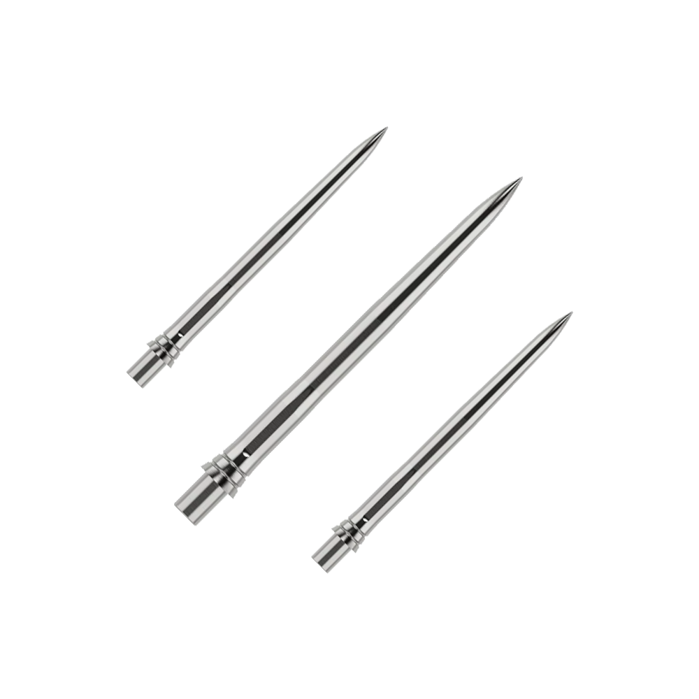 Końcówki do lotek Caliburn EVO - gładkie - srebrne Das Bild zeigt silberne Dartspitzen mit einer glatten Oberfläche, wahrscheinlich aus Metall. Die Dartspitzen sind 28mm lang und werden als Set präsentiert.