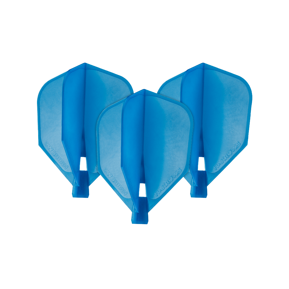 HRC-160_Harrows_Clic_Standard_Flight_Aqua_1TjITq3sE6TMKP Das Bild zeigt drei blaue Dartflights des Modells "Harrows Clic Standard Flights - Aqua". Sie haben eine klassische Standardform und bestehen aus Kunststoff.