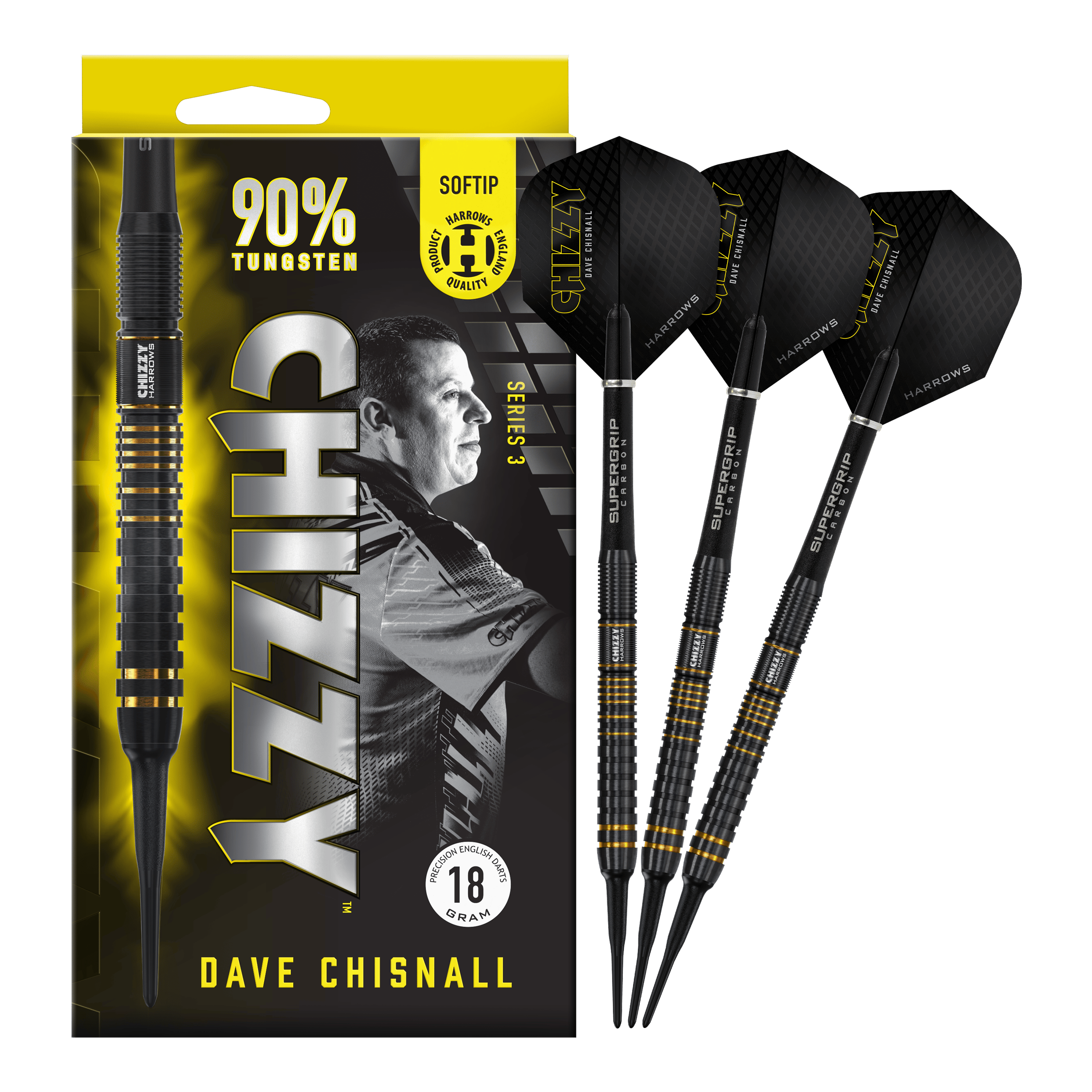 Miękkie lotki Harrow's Dave Chisnall Chizzy Series 3 Das Bild zeigt eine Packung der "Harrows Dave Chisnall Chizzy Series 3 Softdarts" mit drei schwarzen Softdarts daneben. Auf der Verpackung steht, dass die Darts zu 90% aus Tungsten bestehen und 18 Gramm wiegen.