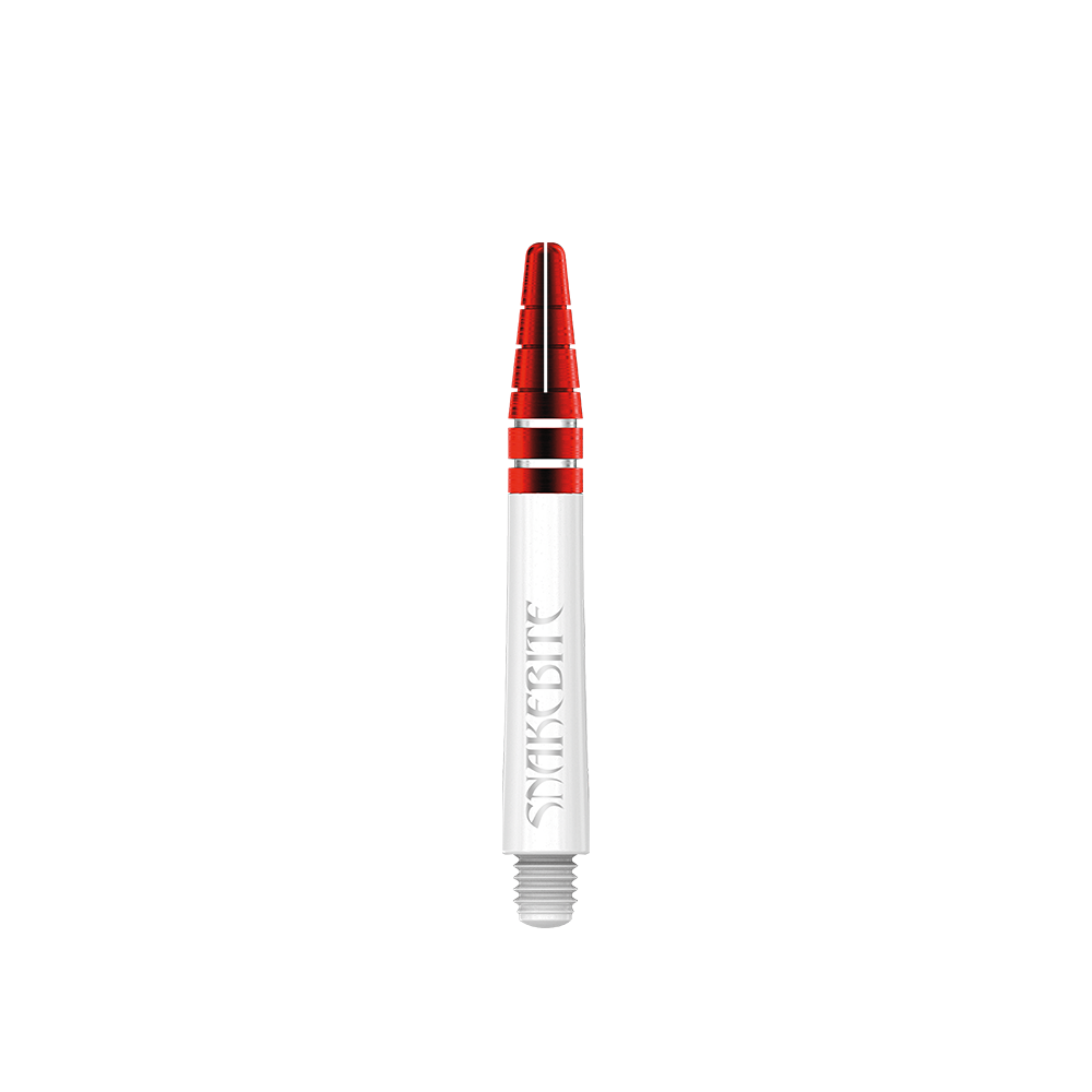 Das Bild zeigt einen Red Dragon Nitrotech Peter Wright Red Shaft in 39 mm Länge. Der Schaft ist weiß mit roten und silbernen Akzenten gestaltet und trägt die Aufschrift "Snakebite".