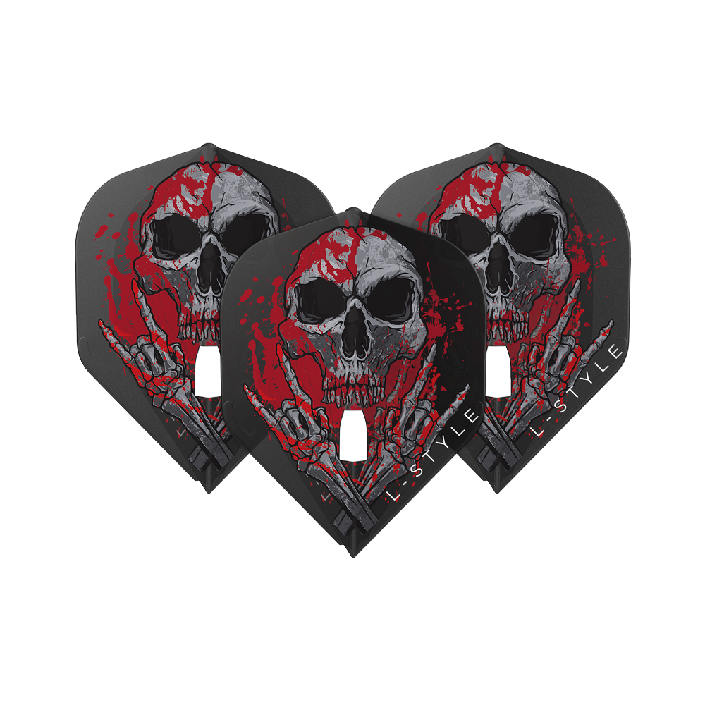 Die Abbildung zeigt drei schwarze Dart-Flights mit einem auffälligen Totenkopf-Design, das von roten Farbspritzern umgeben ist. Am unteren Rand steht der Schriftzug „L-STYLE“.