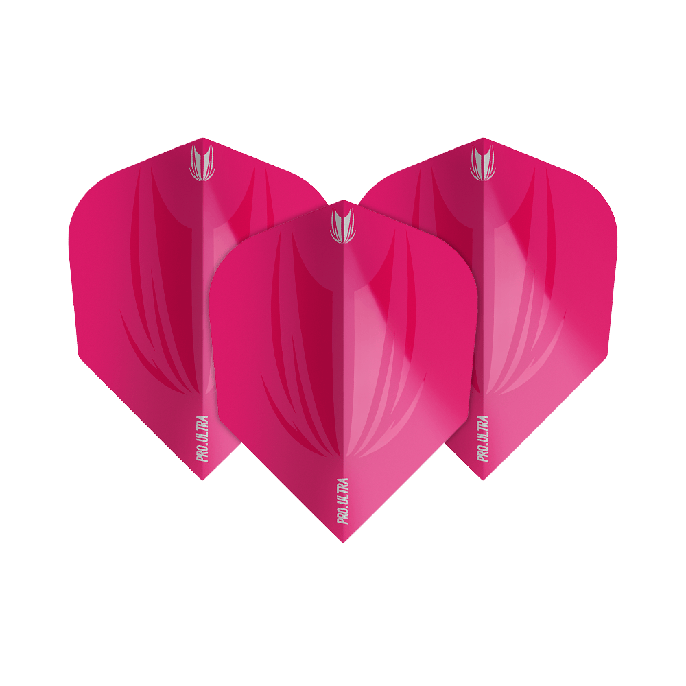 TG419_Target_ProUltra_ID_Pink_No6_Flights_1GOu20S925AFtl Das Bild zeigt drei pinkfarbene Dart-Flights der Marke Target ProUltra ID in der Größe No6. Sie haben ein glänzendes Design mit dem Schriftzug "PRO ULTRA" am unteren Rand.