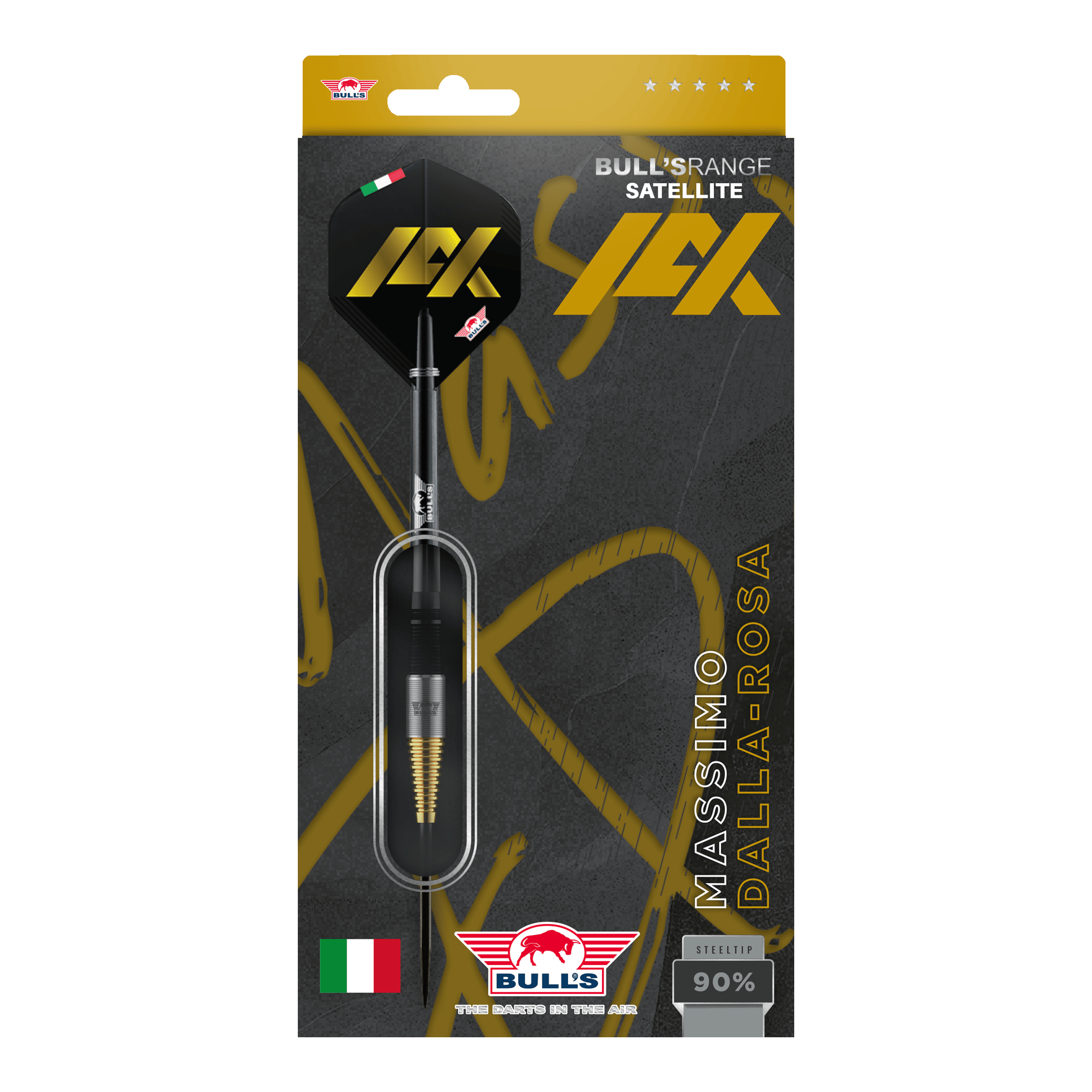 Das Bild zeigt die Verpackung der "Bulls NL Massimo Dalla Rosa Steeldarts - 20g". Die Verpackung ist schwarz-gold und zeigt deutlich den Namen des Produkts sowie die italienische Flagge.