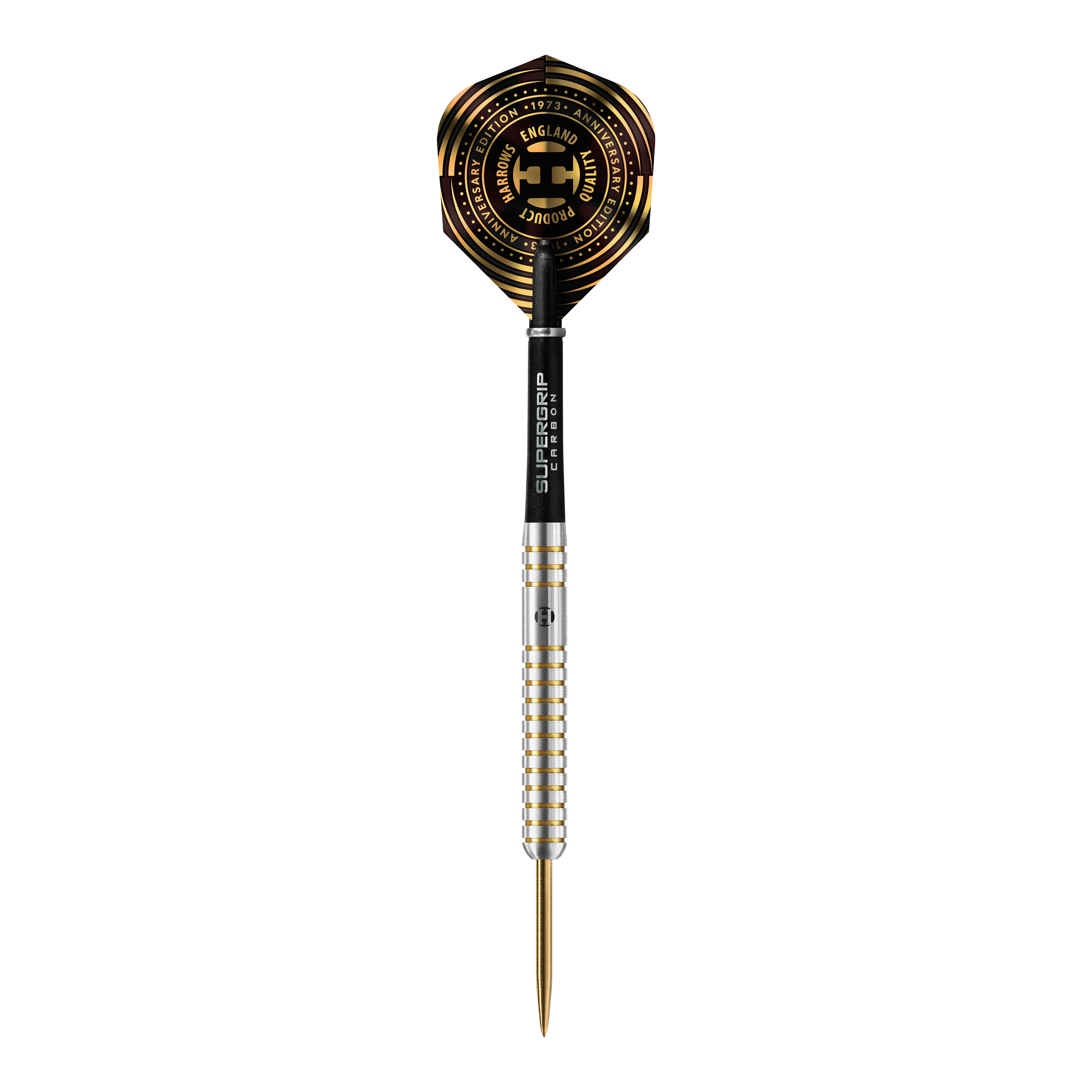 Edycja rocznicowa Harrows Oryginalne Steeldarts Das Bild zeigt einen Harrows Anniversary Edition The Original Steeldart mit silbernem Schaft und goldenen Akzenten. Das Dartflight ist schwarz-gold gestaltet und trägt einen Jubiläumsaufdruck.