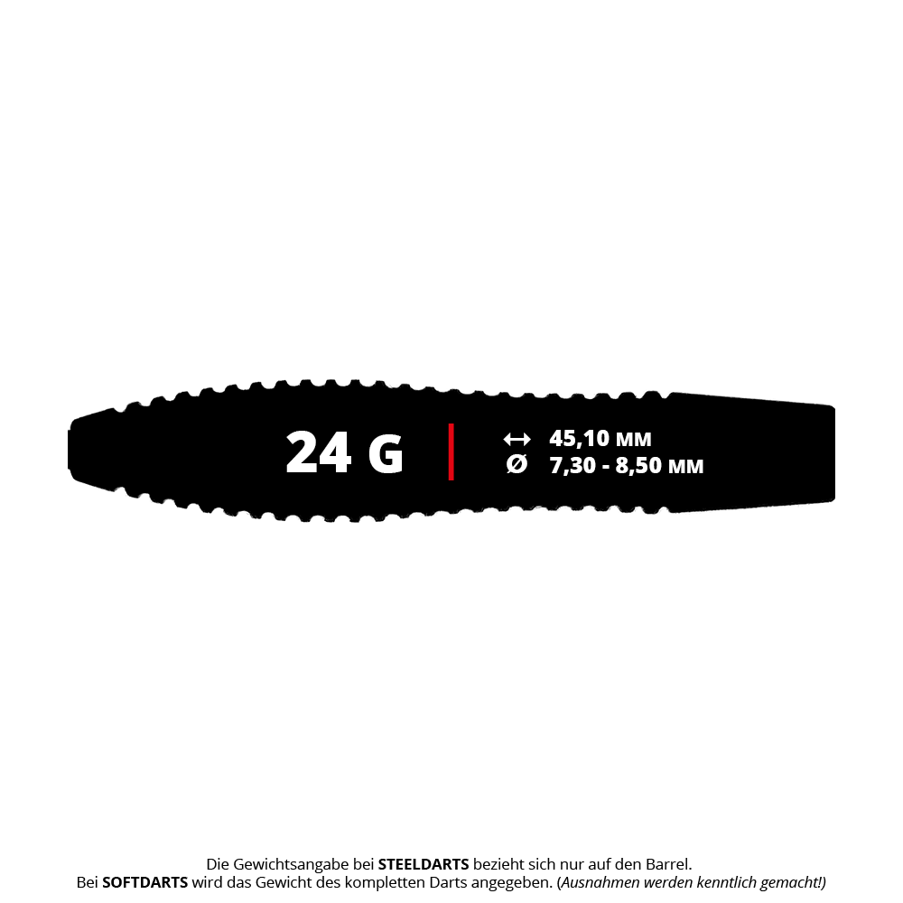 Zu sehen ist das Produkt McDart Black Ring Torpedo Steeldart-Barrels - 24g. Es handelt sich um eine Variante von Dart-Barrels im Torpedo-Stil mit schwarzem Ring.
