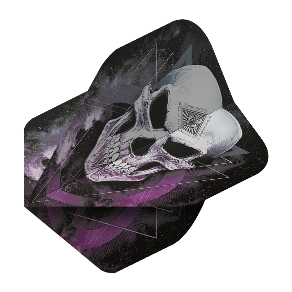 ALC22_Alchemy_The_Void_Standard_Flights_2 Das Bild zeigt das Produkt „Alchemy The Void No2 Standard Flights“. Auf den Flights ist ein detailliert gezeichneter Totenschädel vor einem dunklen, mystischen Hintergrund mit geometrischen Mustern zu sehen.