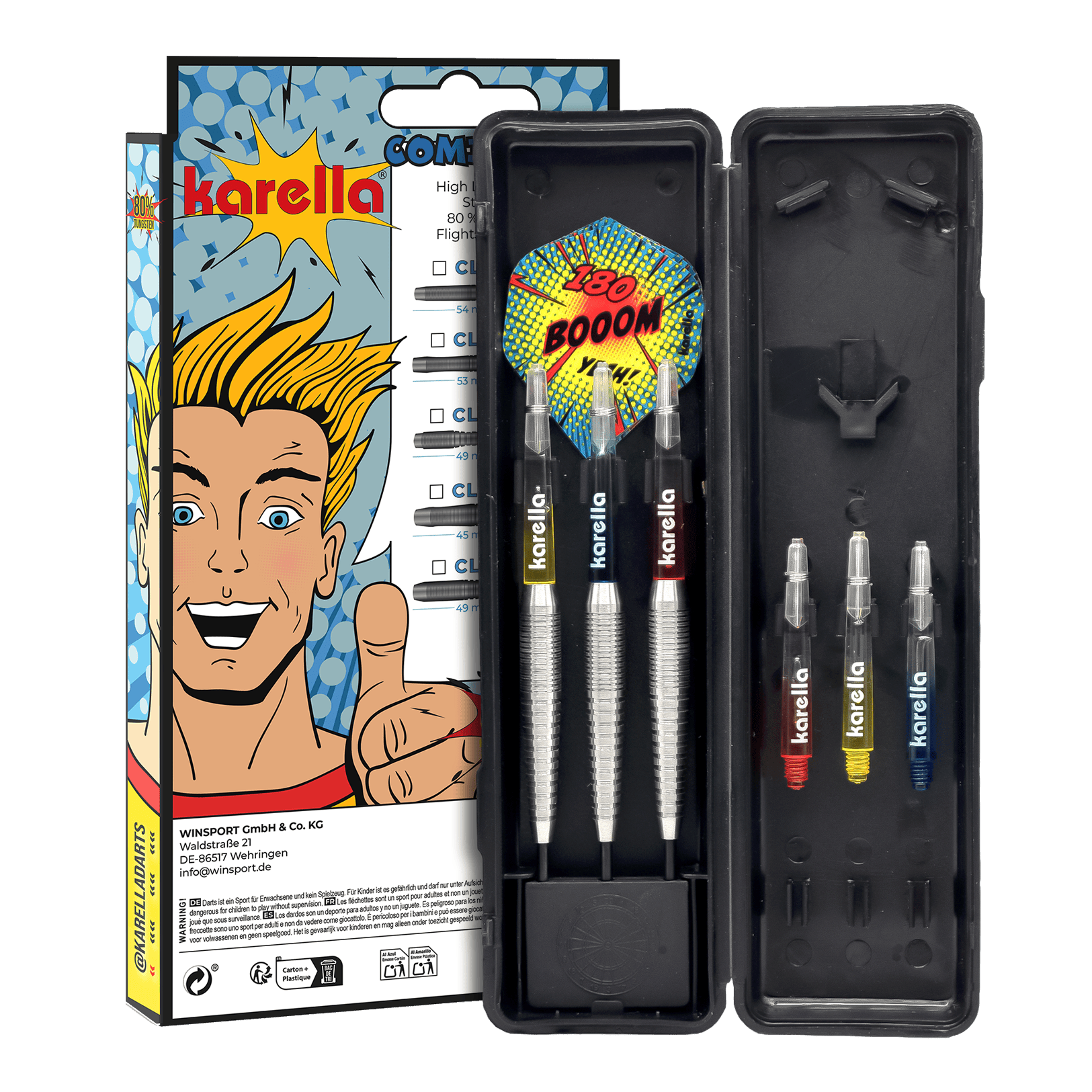 Abgebildet sind die Karella Comic Line CL-5 Steeldarts - 21g. Diese Steeldarts zeichnen sich durch ein Comic-Design aus.