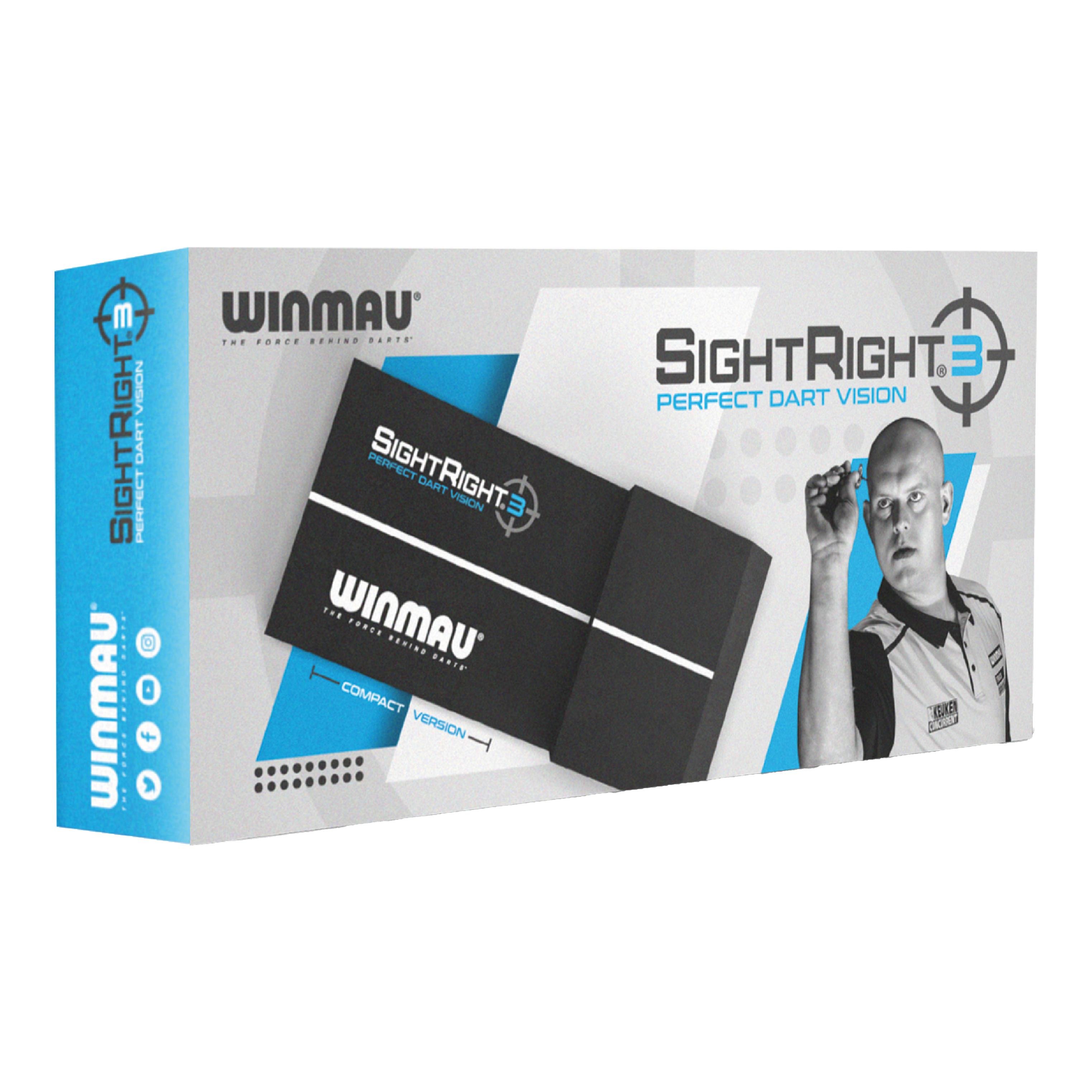 Winmau SightRight 3 - Kompaktowy Die Abbildung zeigt die Verpackung des Produkts "Winmau SightRight 3 - Compact". Auf der Box ist ein Dartspieler zusammen mit dem Produkt abgebildet, das für perfektes Dart-Zielen entwickelt wurde.
