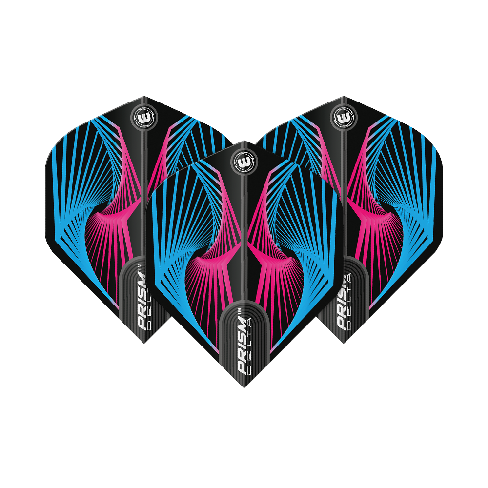 6915-239_Winmau_Prism_Delta_Spiral_BluePink_Standard_Flights_1520d05RfZ8RSR Das Bild zeigt drei Dartflights des Modells "Winmau Prism Delta Spiral BluePink Standard". Die Flights haben ein auffälliges Spiraldesign in Blau und Pink auf schwarzem Hintergrund.