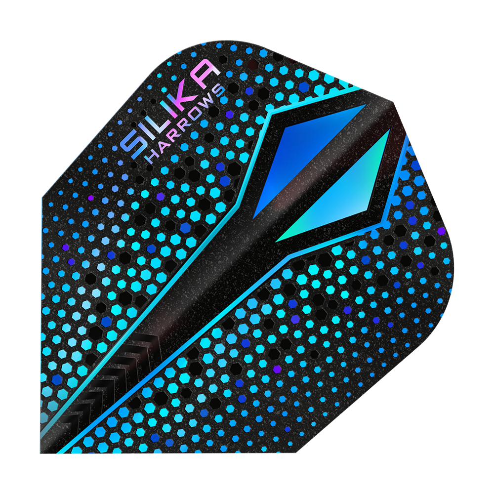 Harrows Silika Colorshift Twarda powłoka krystaliczna Blue-X No6 Loty Das Bild zeigt ein Dart-Flight mit dem Namen "Harrows Silika Colourshift Tough Crystalline Coating Blue-X No6". Das Flight hat ein modernes Design mit blauen und schwarzen hexagonalen Mustern und einer glänzenden Oberfläche.