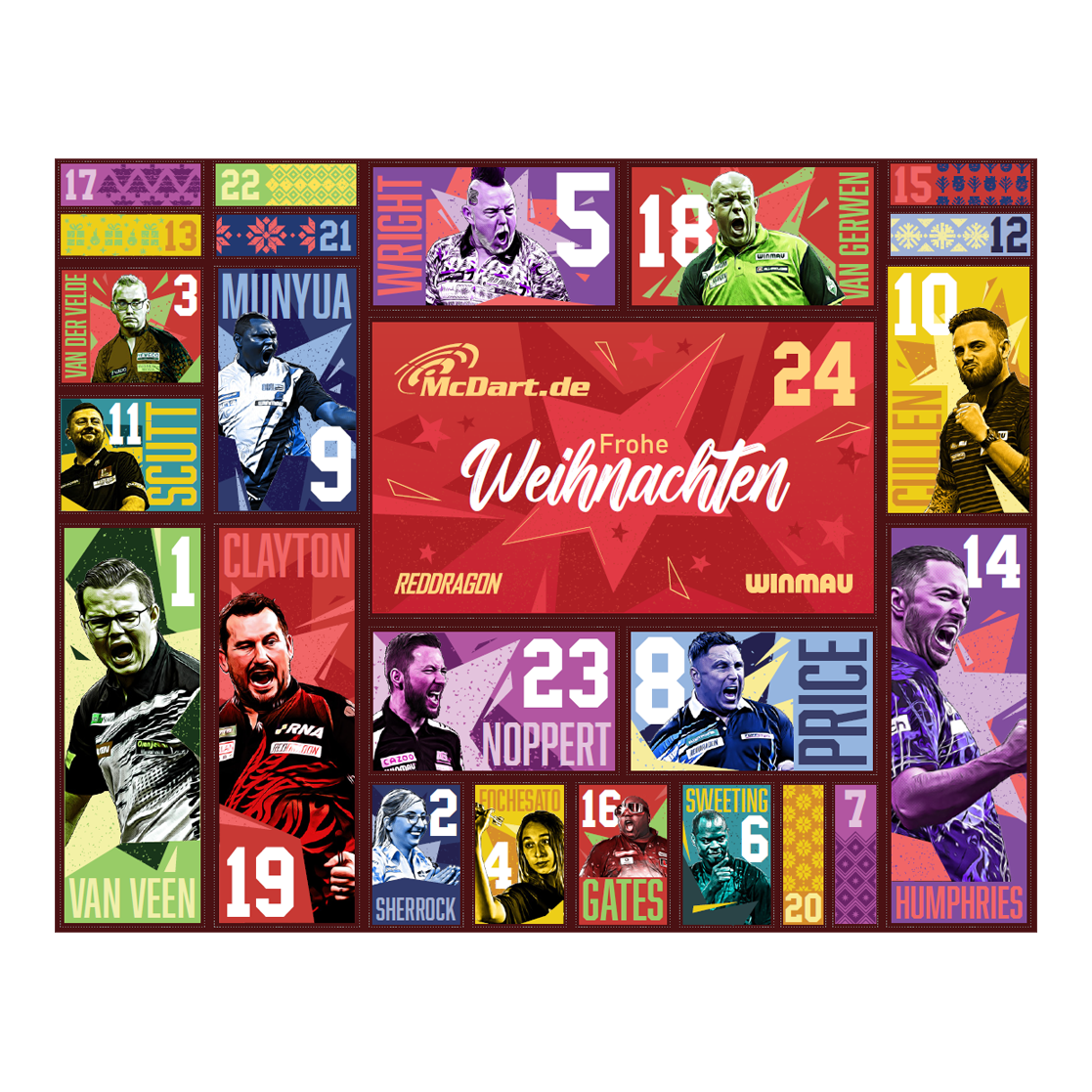Kalendarz adwentowy McDart Steel Darts 2026 Der McDart Steel-Darts Adventskalender 2026 ist auf diesem Bild zu sehen. Die Verpackung zeigt attraktive Darts-Motive und weihnachtliches Design.