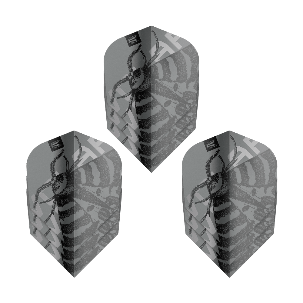 Target Pro Ultra Volar No6 Flights - 3 zestawy Das Bild zeigt drei Sets von Target Pro Ultra Volar No6 Flights. Die Flights sind grau mit einem schwarzen Insektenmuster gestaltet.