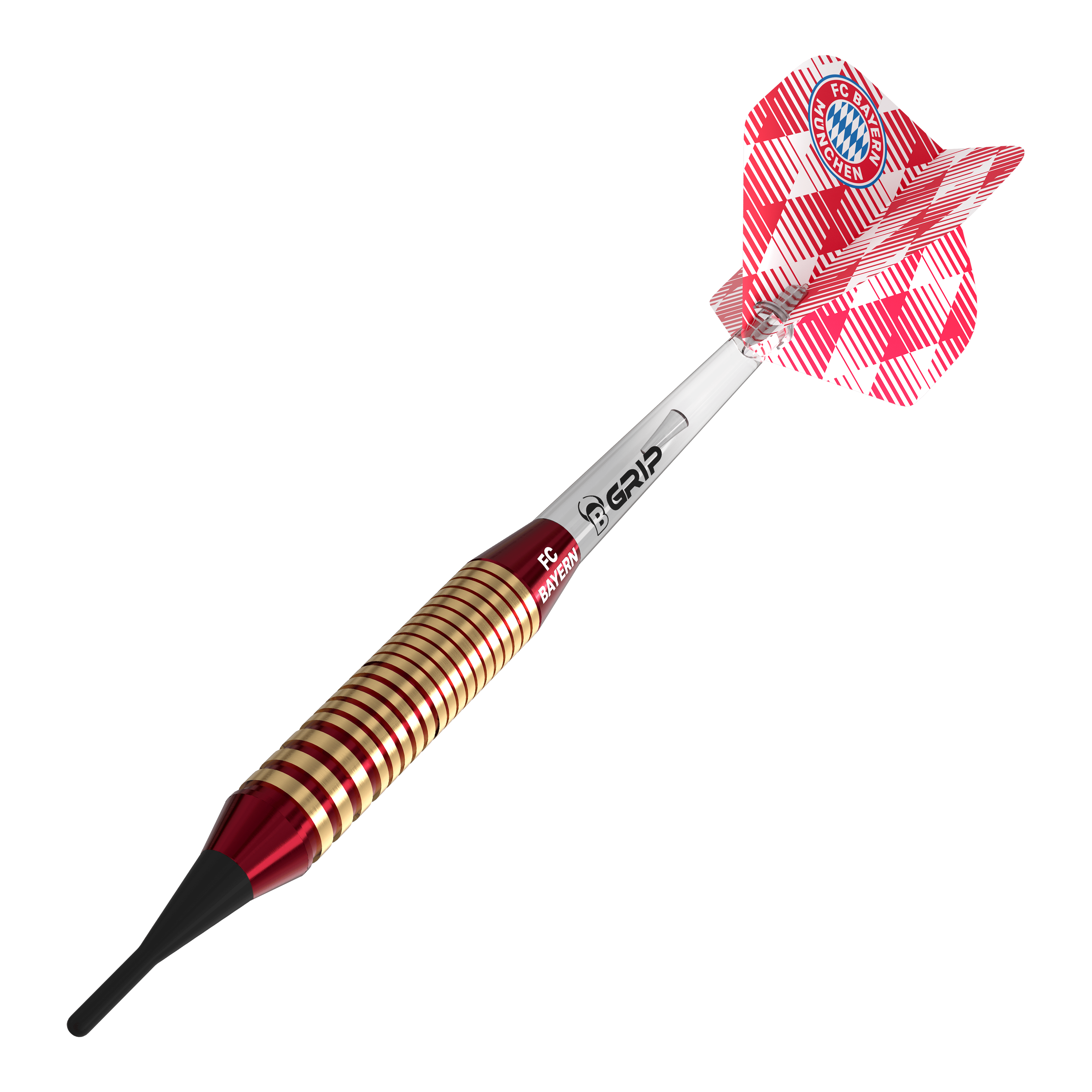 Bulls FC Bayern München Brass Softdarts mit einem Gewicht von 18g sind auf dem Bild dargestellt. Diese Softdarts sind ideal für Fans des Fußballvereins.