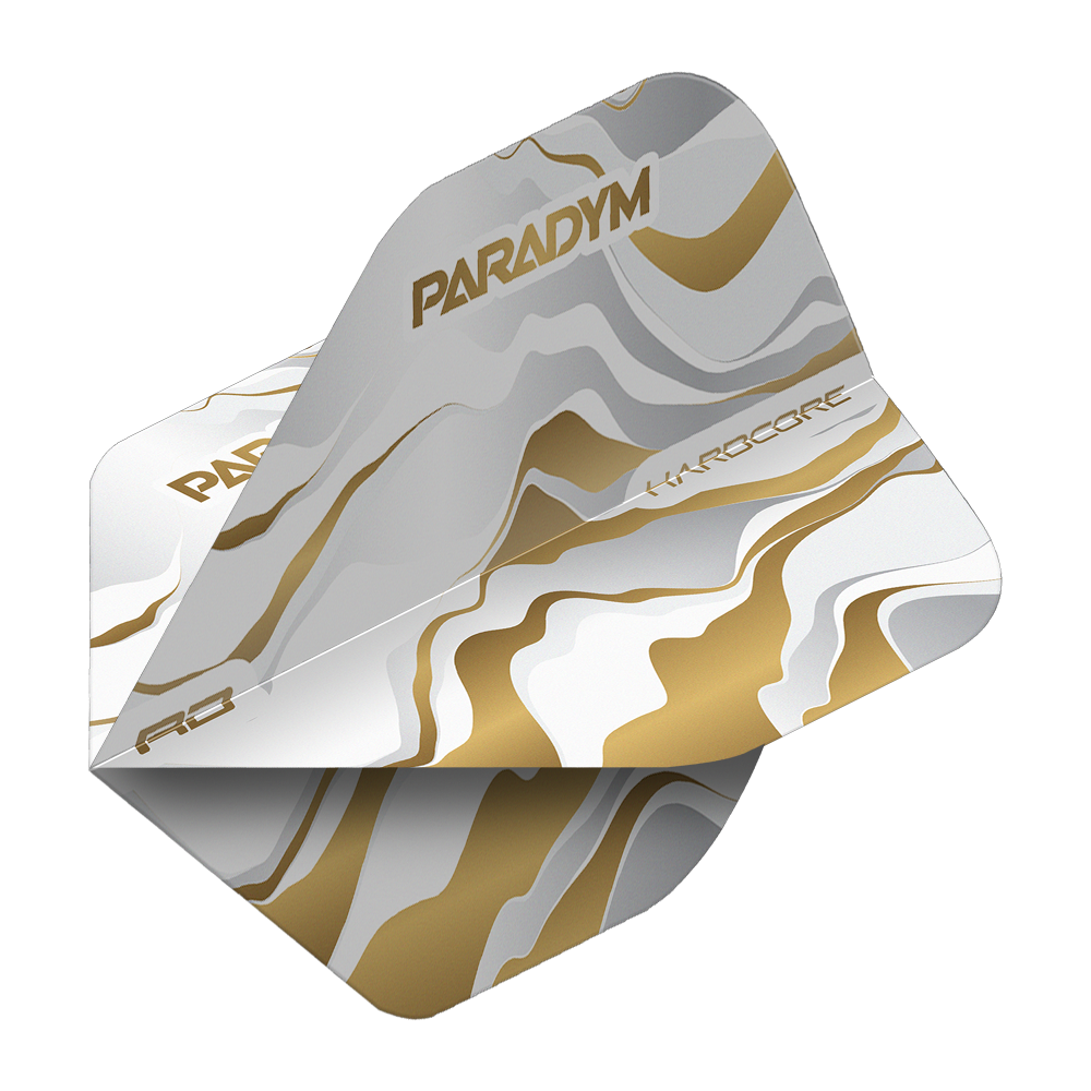 Abgebildet ist ein Flight-Set für Dartpfeile des Produkts Red Dragon Hardcore Premium Paradym Gold Premium No2 Standard Flights. Es handelt sich um hochwertige, goldfarbene Standard-Flights für den Dartsport.