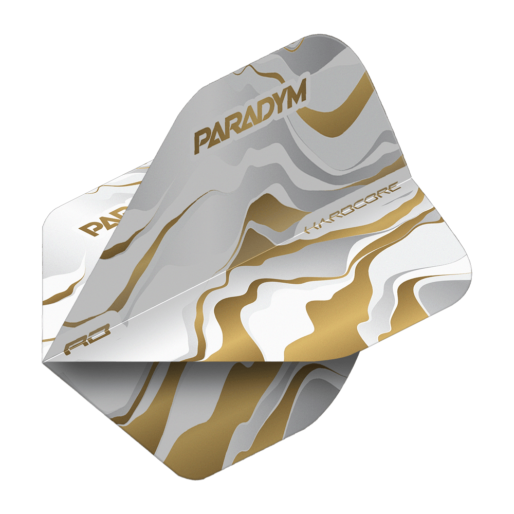 Red Dragon Hardcore Premium Paradym Gold Premium No2 Standard Flights Abgebildet ist ein Flight-Set für Dartpfeile des Produkts Red Dragon Hardcore Premium Paradym Gold Premium No2 Standard Flights. Es handelt sich um hochwertige, goldfarbene Standard-Flights für den Dartsport.