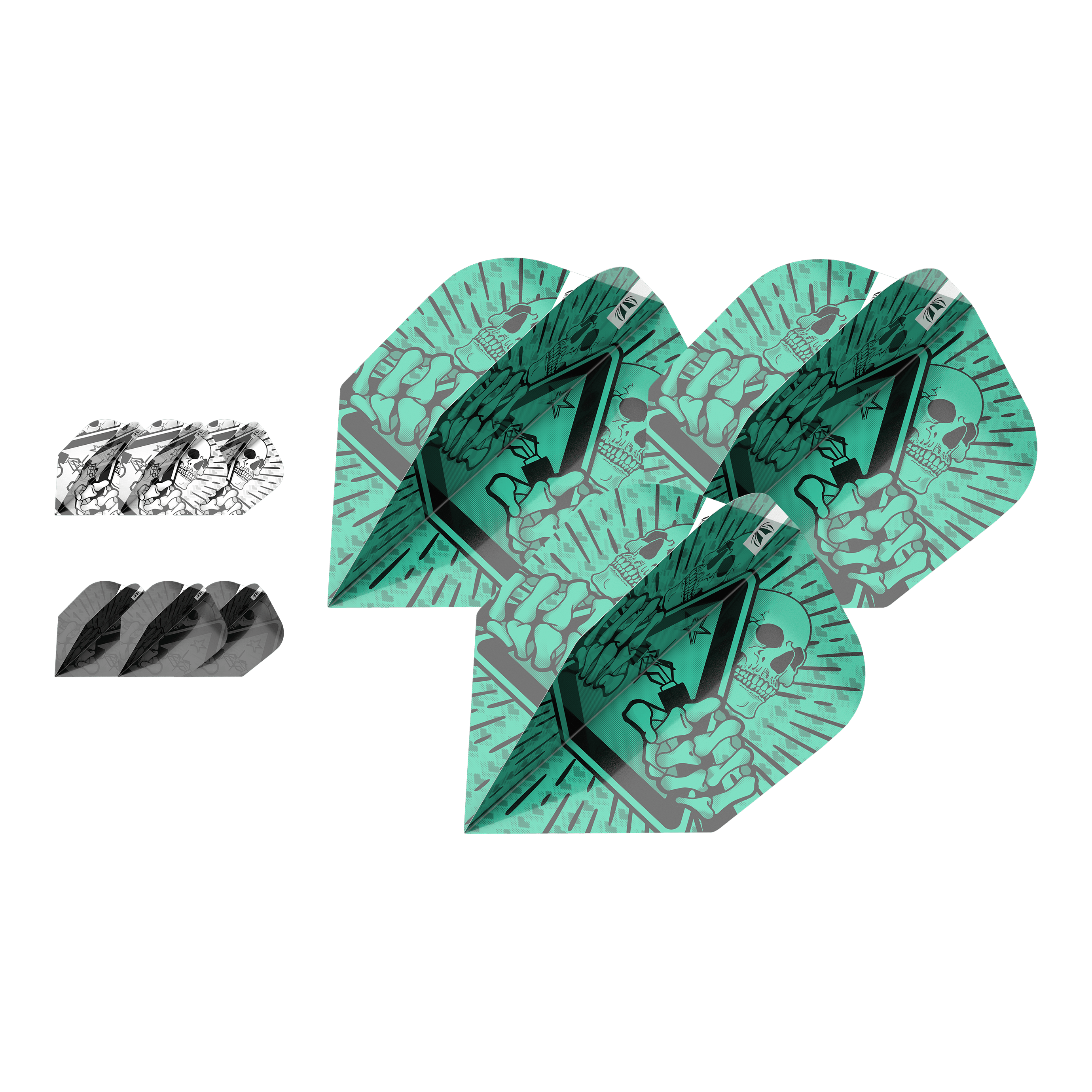 Target Ink Bundle 3 Zestawy Rob Cross No6 Loty Das Bild zeigt drei verschiedene Sets von Dartflights aus dem "Target Ink Bundle 3 Sets Rob Cross No6 Flights". Die Flights haben auffällige Designs in Grün, Schwarz und Weiß mit grafischen Motiven.