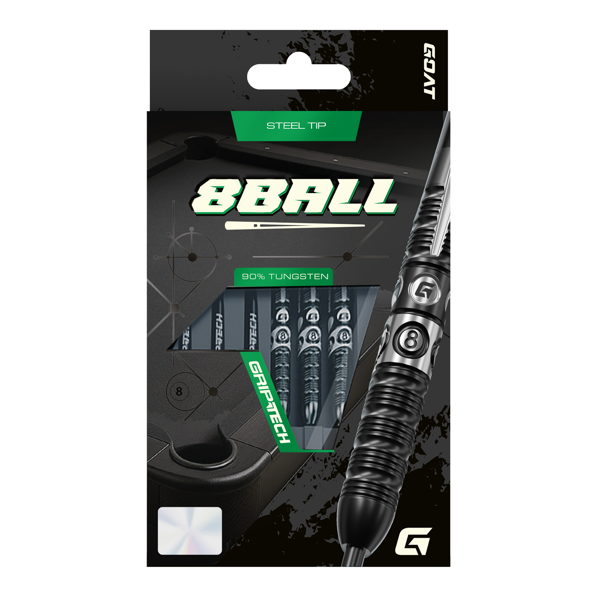 GOAT 8-Ball Steel Darts Das Bild stellt die GOAT 8Ball Steeldarts dar. Details des Dartpfeils sind klar erkennbar.
