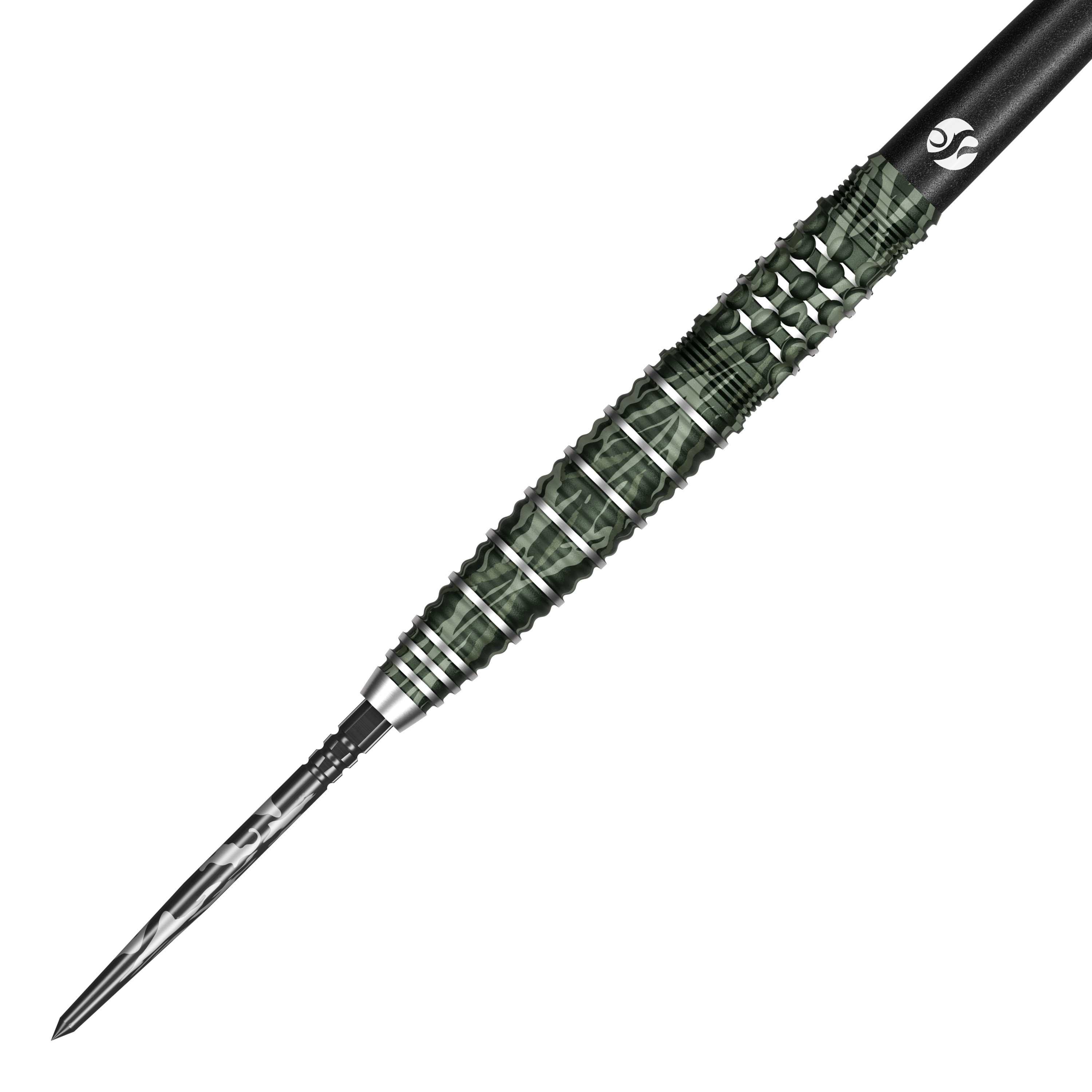 Shot Camo Ghillie Turbo Point Steeldarts 23g sind Dartpfeile mit Camouflage-Design. Sie sind nebeneinander aufgestellt.