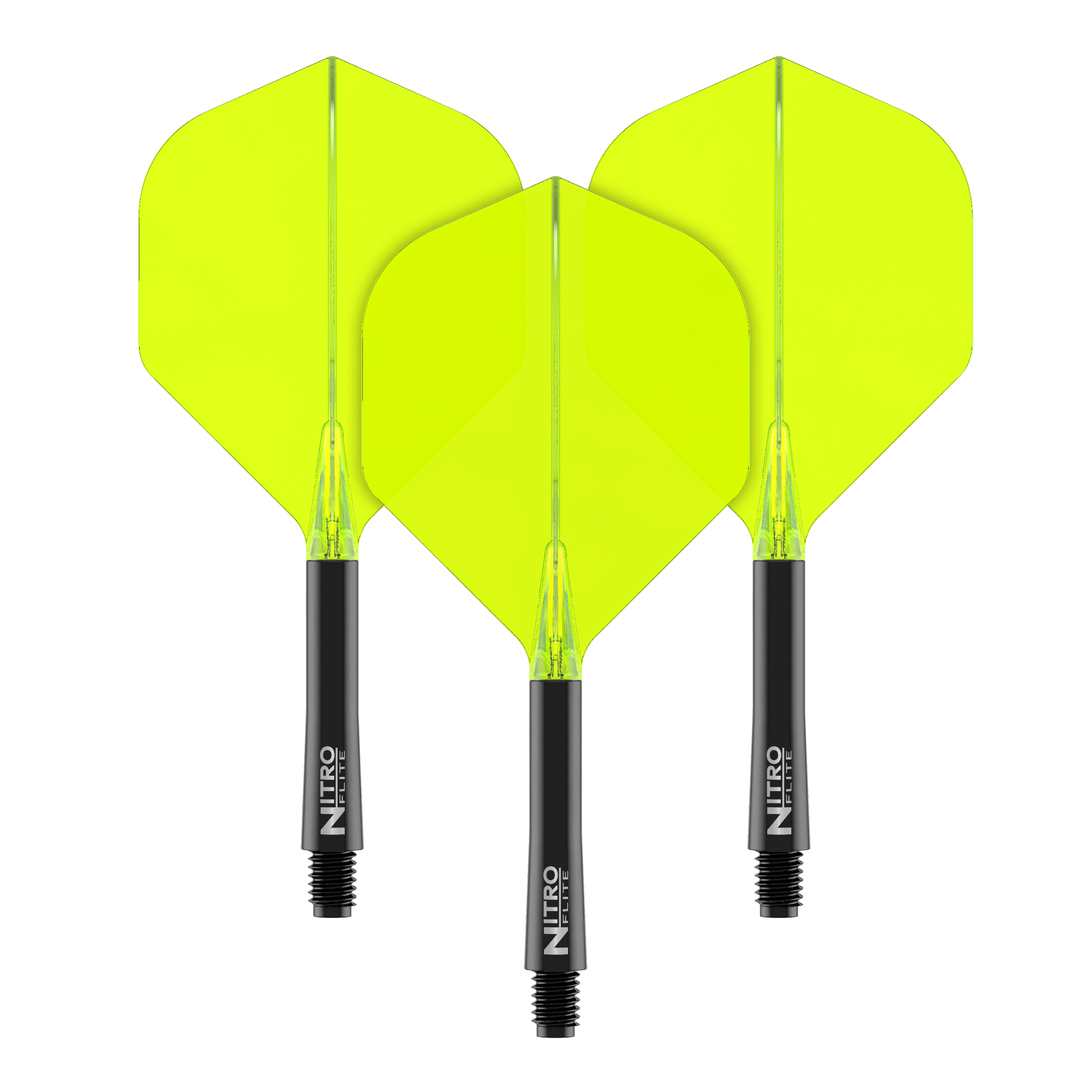 Auf dem Bild sind drei Dart-Flights mit leuchtend gelben Flügeln zu sehen. Die Schäfte sind schwarz und tragen die Aufschrift "Nitro Flite".