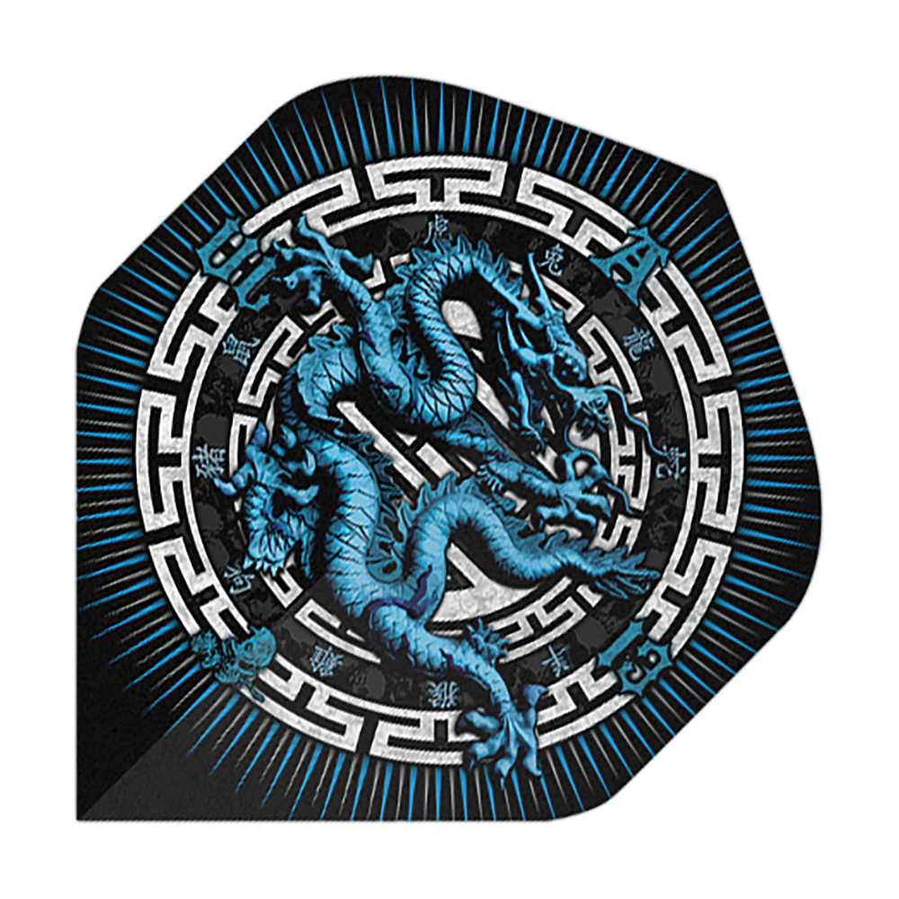 Alchemia Rok Smoka Nr 2 Standardowe Loty Das Bild zeigt das Produkt "Alchemy Year Of The Dragon No2 Standard Flights". Auf dem Flight ist ein blauer Drache in einem dekorativen, kreisförmigen Muster abgebildet.
