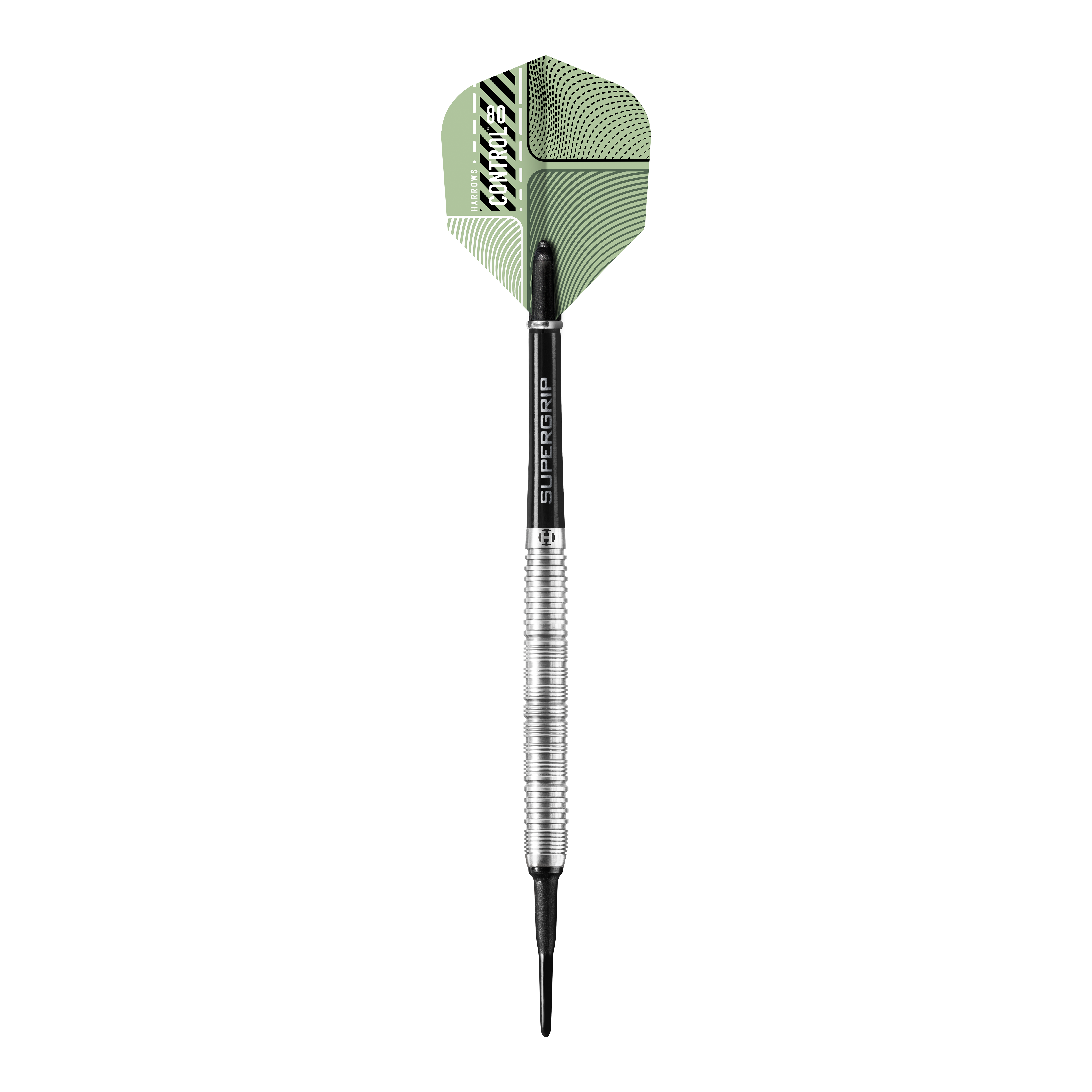 Harrows sterujące równoległe Softdarts Das Bild zeigt einen Harrows Control Parallel Softdart mit einem silbernen und schwarzen Schaft. Die Dartflügel sind grün gemustert und tragen das Markenlogo.