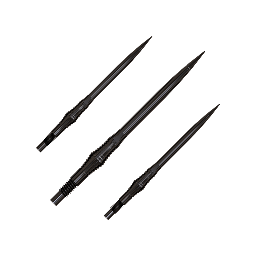 Harrows Quick Point Spire Elite Series Dartspitzen - Schwarz Eine Packung Dartspitzen in schwarzer Farbe ist abgebildet. Die Spitzen liegen parallel.