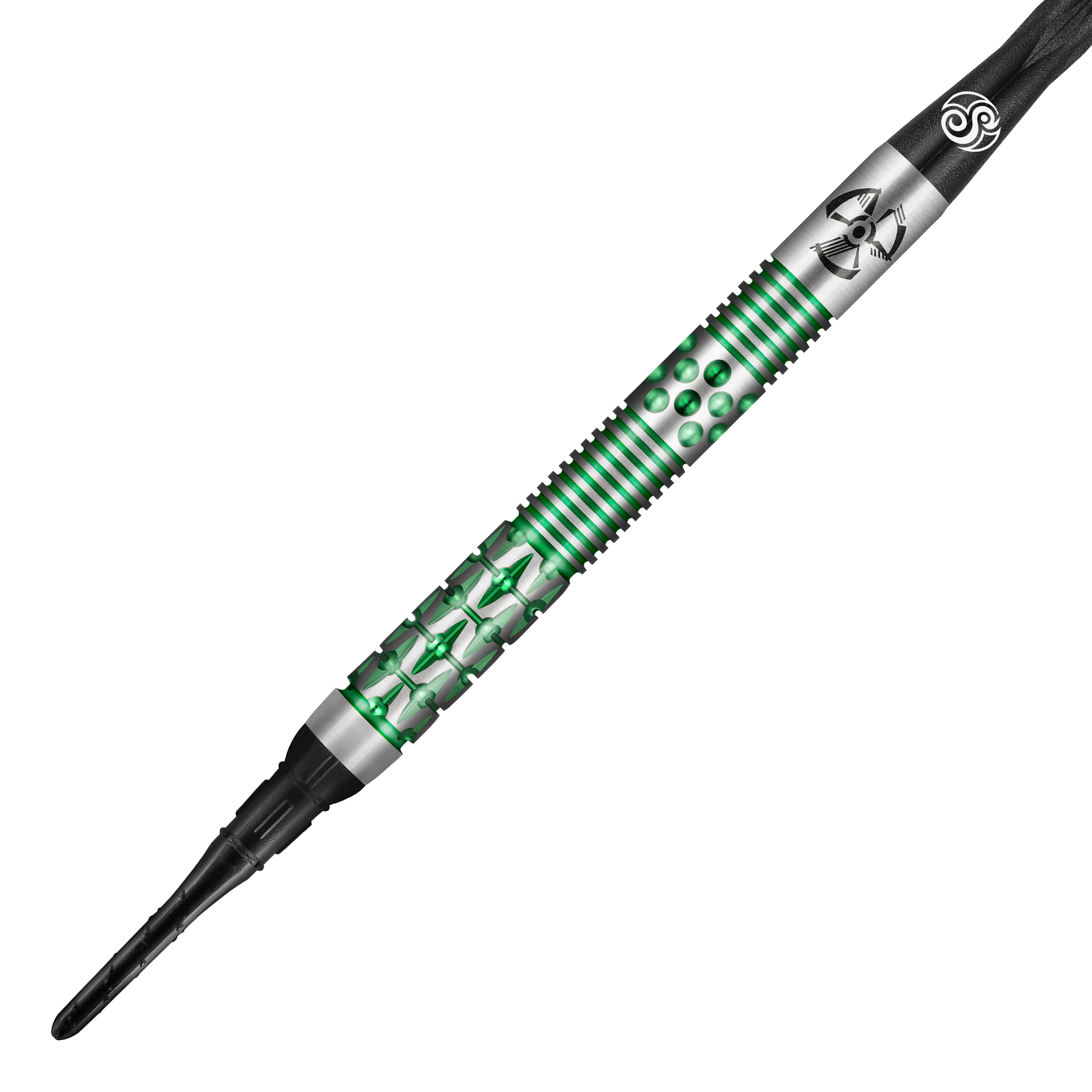 Shot Pro-Series Stowe Buntz 2 miękkie lotki - 21g Das Bild zeigt einen Shot Pro-Series Stowe Buntz 2 Softdart mit einem Gewicht von 21g. Der Dart hat ein silbernes und grünes Design mit feinen Gravuren und Mustern.