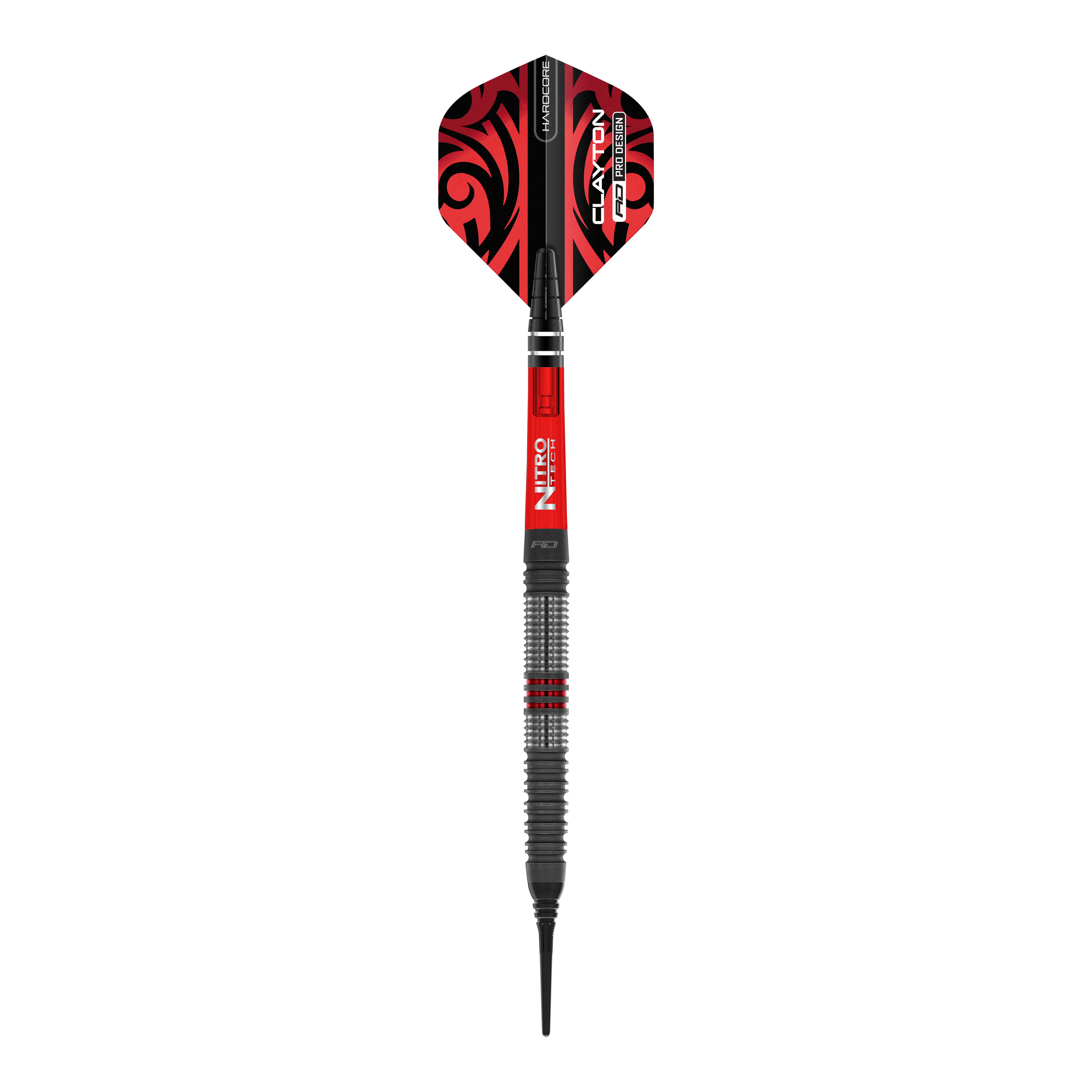 Miękkie rzutki Red Dragon Jonny Clayton Hiraeth - 20g Das Bild zeigt einen Softdart der Marke Red Dragon, Modell "Jonny Clayton Hiraeth" mit einem Gewicht von 20 Gramm. Der Dart ist überwiegend in den Farben Rot und Schwarz gestaltet und hat ein auffälliges Muster auf dem Flight.
