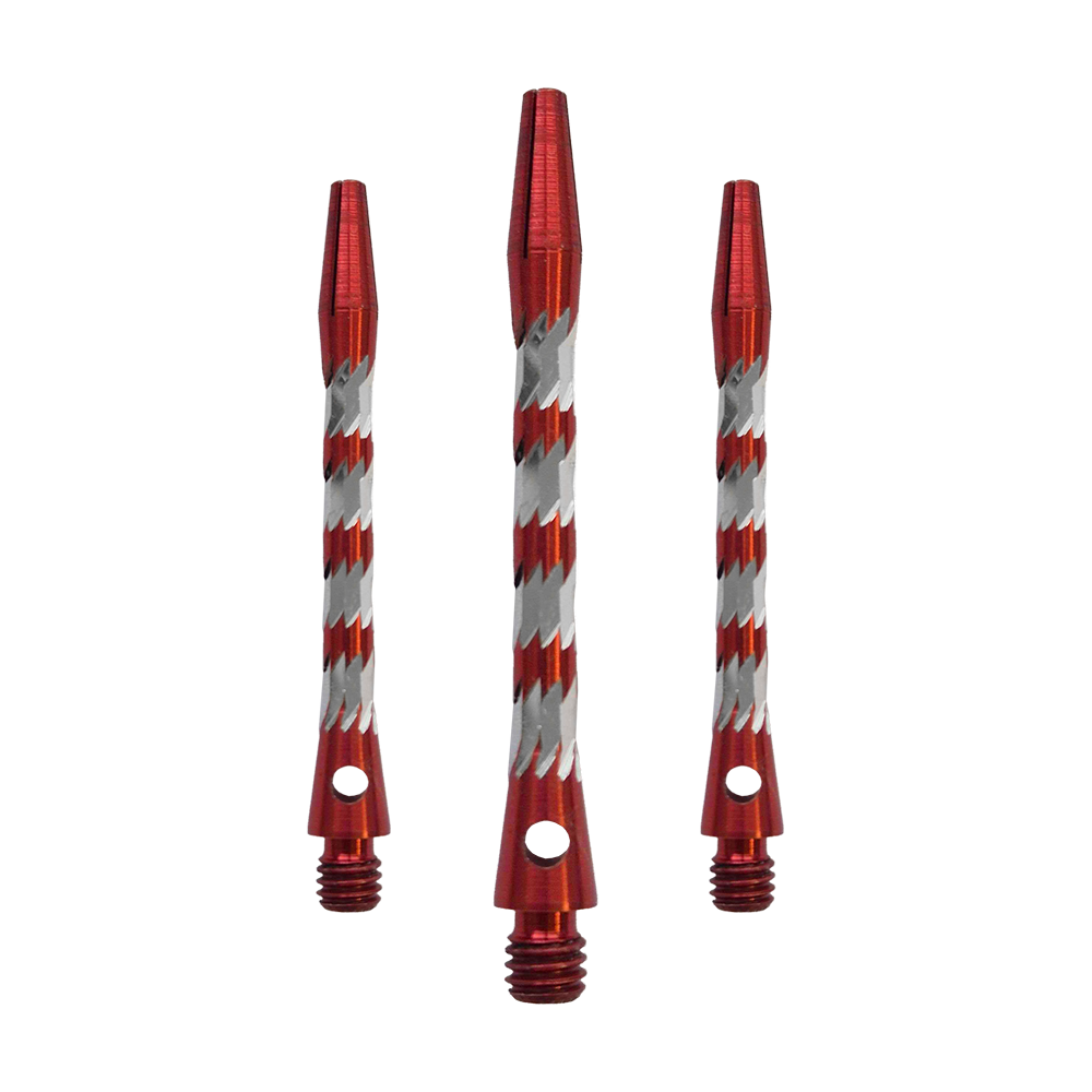 Aluminiowe wałki Bulls NL Minor - czerwone - 46 mm Bulls NL Minor Aluminium Shafts in Rot, 46 mm lang. Das Bild zeigt ein Set roter Aluminiumschäfte für Dartpfeile.