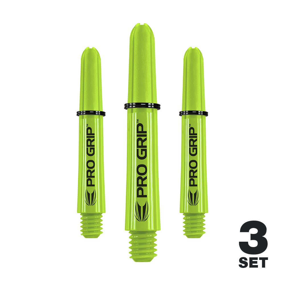 Uchwyty Target Pro Grip - 3 zestawy - limonkowy Das Bild zeigt drei limegrüne Pro Grip Shafts für Dartpfeile. Unten rechts steht "3 Set", was anzeigt, dass es sich um ein Set mit drei Stück handelt.
