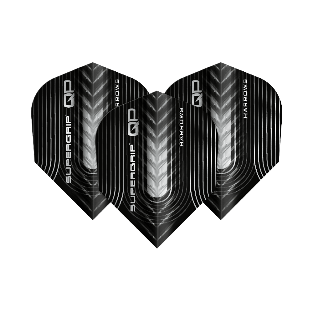 Loty Harrow's Supergrip QP No6 Harrows Supergrip QP No6 Flights sind Dartflights mit besonderem Design. Dieses Bild zeigt ein Set dieser Flights.