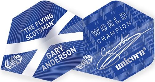 68769-Gary-Anderson-World-Champion5b3ca9f859f08 Das Bild zeigt zwei blaue Dartflights mit weißem Aufdruck und schottischem Design. Auf den Flights stehen die Aufschriften „The Flying Scotsman Gary Anderson“ und „World Champion Unicorn“.