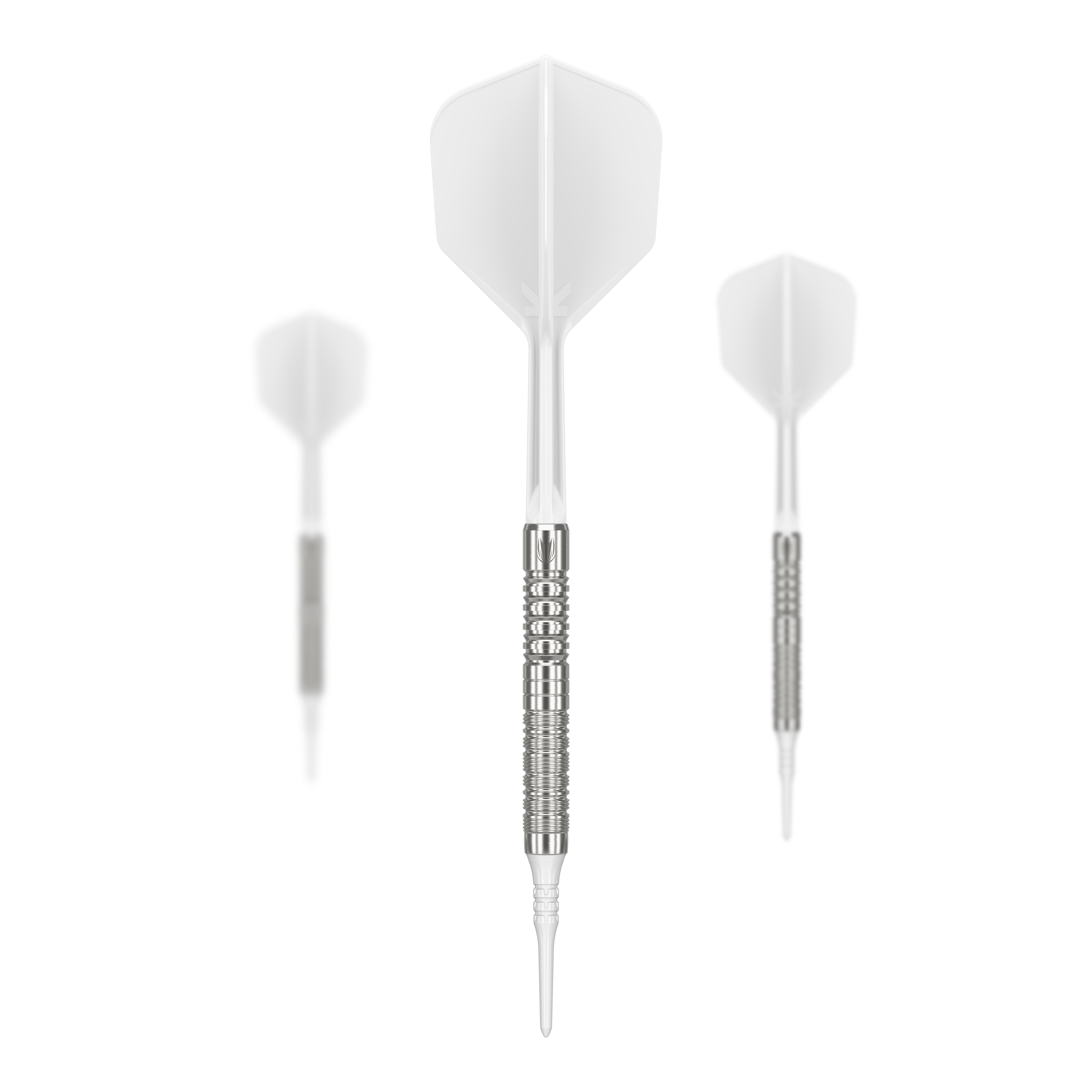 Target Japan Crux Honor Soft Darts - 18,5 g Das Bild zeigt drei Softdarts mit silbernem Griff und weißen Flügeln. Es handelt sich um das Produkt "Target Japan Crux Honor Softdarts - 18,5g".