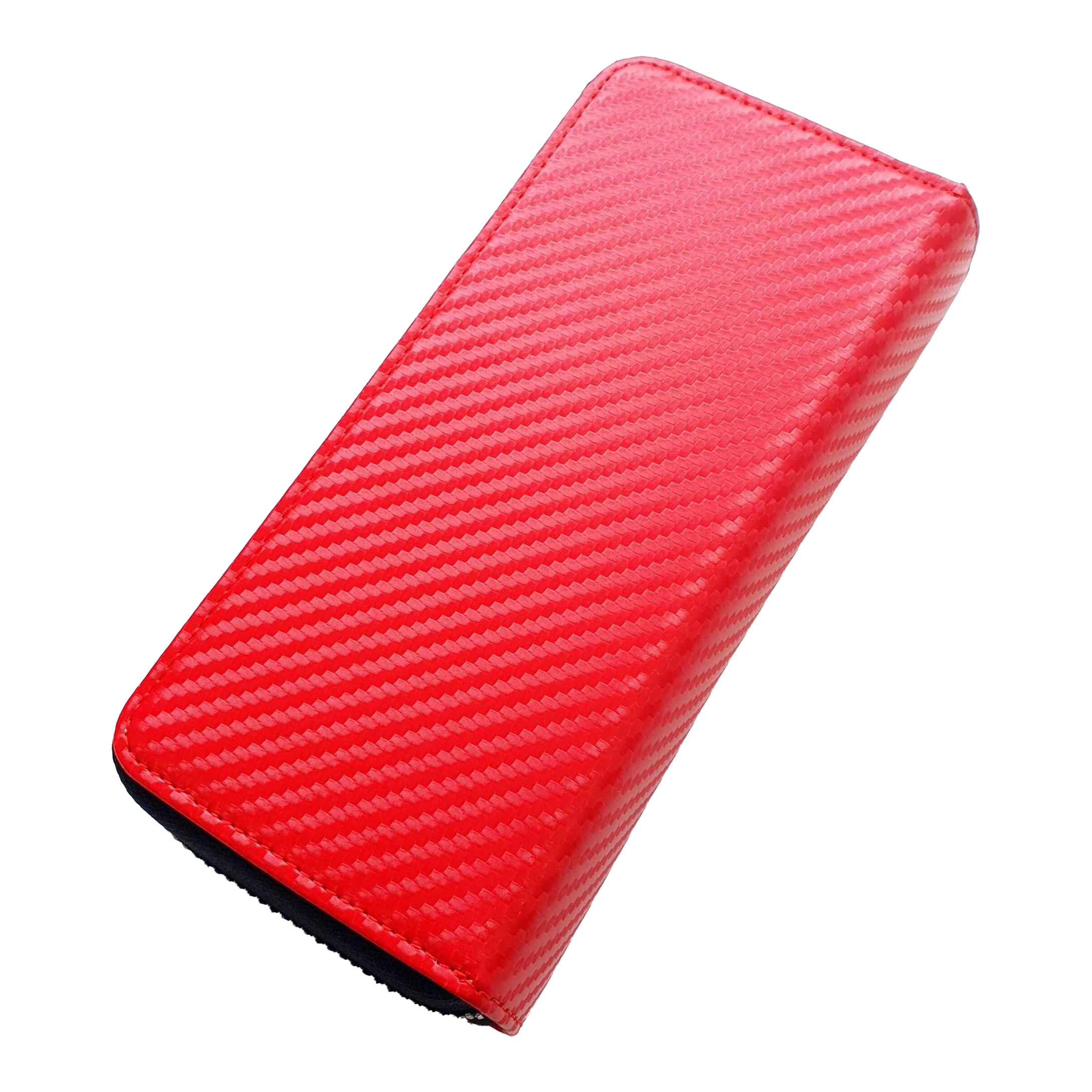 Das Bild zeigt ein rotes Etui mit einer strukturierten Oberfläche. Es liegt auf einem schwarzen Hintergrund.