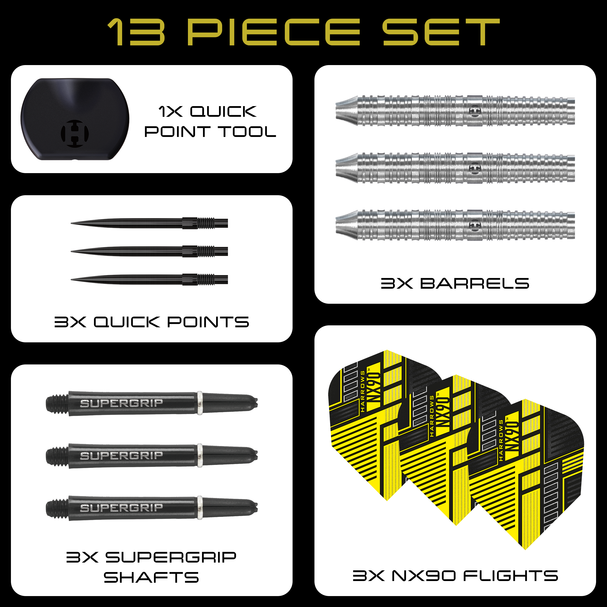 Lotki stalowe Harrows NX90 Parallel Quick Point Das Bild zeigt die Harrows NX90 Parallel Quick Point Steeldarts. Dies sind hochwertige Steeldarts mit modernem Design.