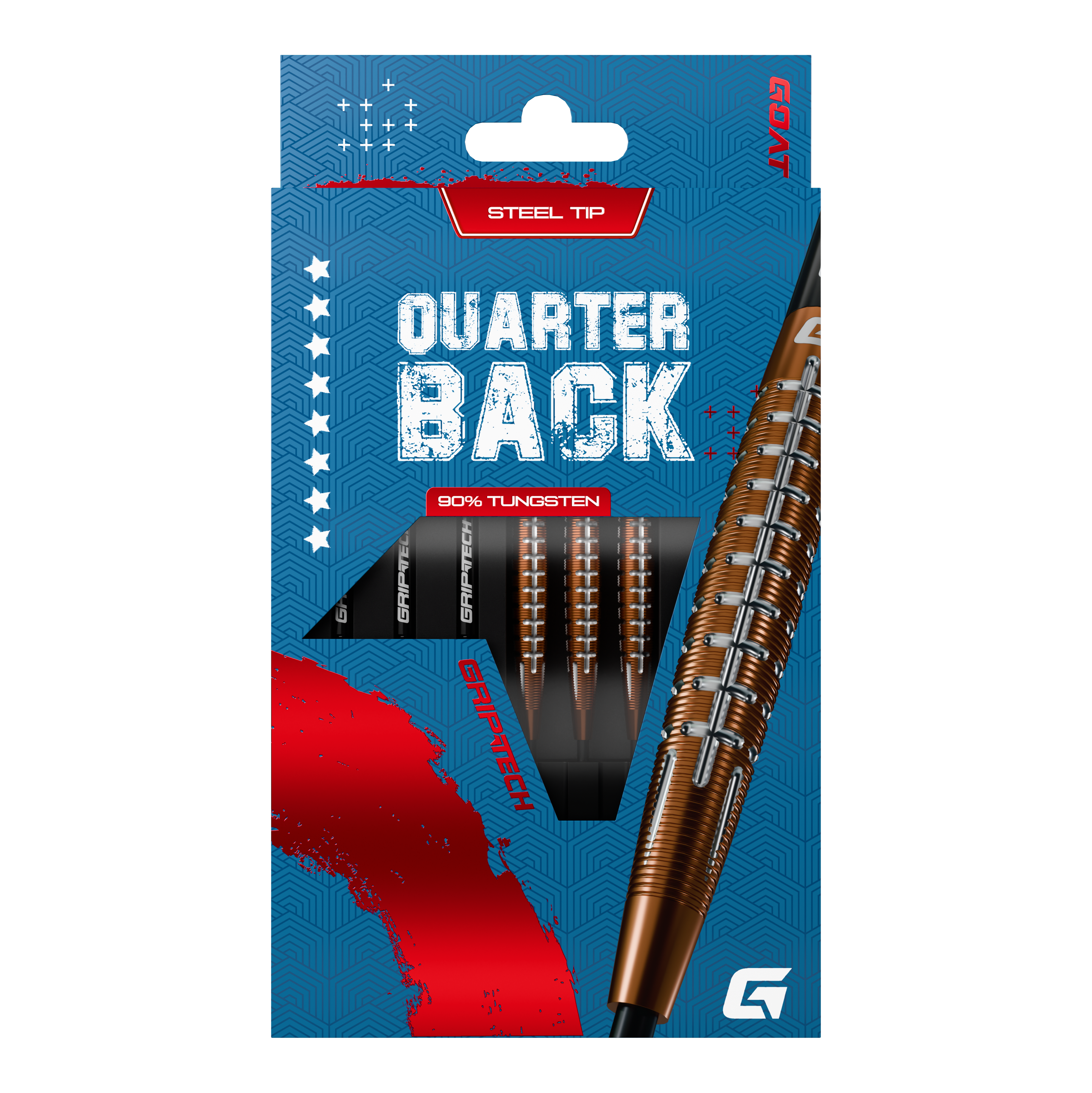 Lotki GOAT Quarterback V1 ze stali wolframowej Das Bild zeigt die GOAT Quarterback V1 Tungsten Steeldarts in einer blauen Verpackung. Die Darts bestehen zu 90% aus Tungsten und haben eine Stahlspitze.