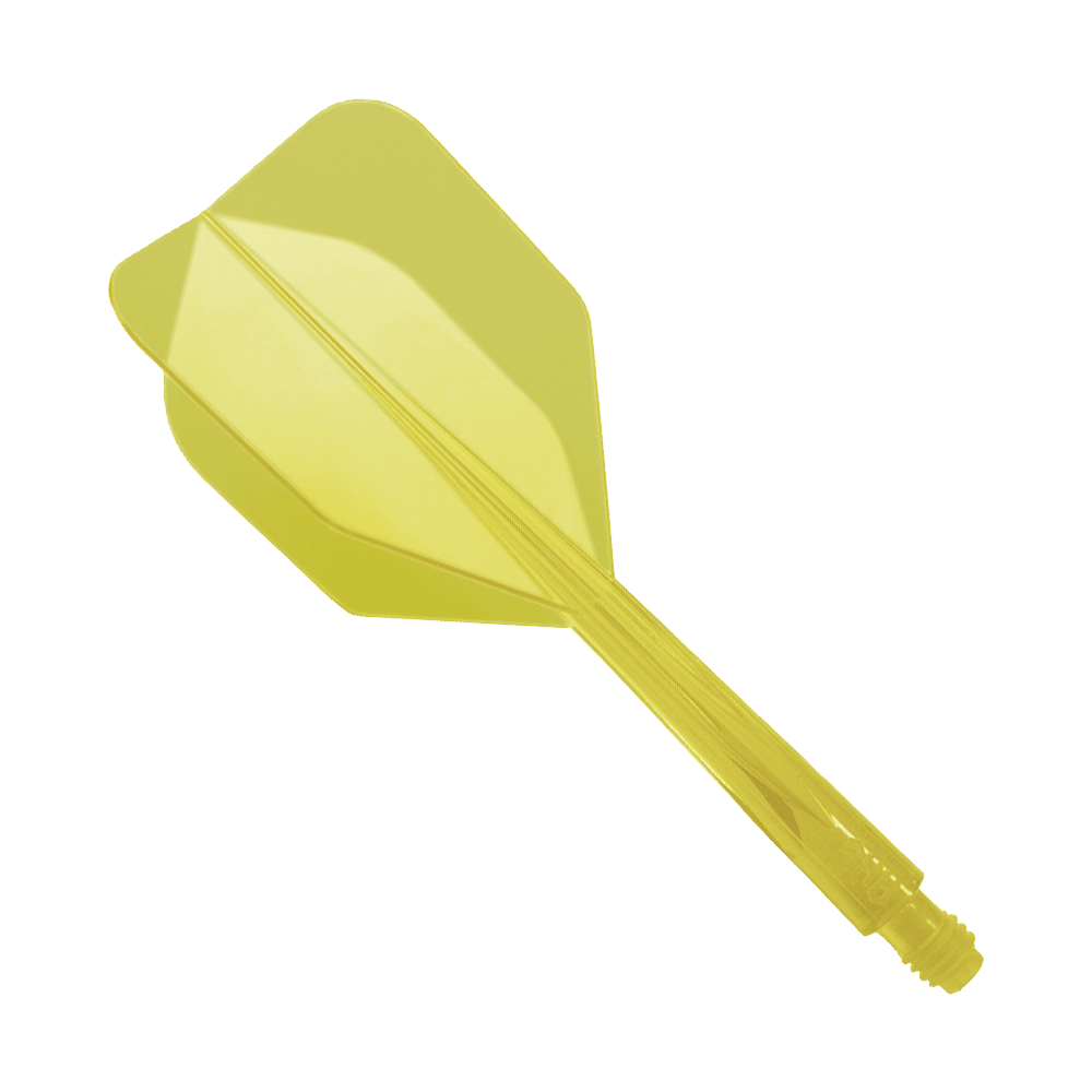 Das Bild zeigt ein gelbes Dart-Flight-System namens "Condor Axe Yellow Flight-System Small - XL - 37,5 mm". Es besteht aus einem Stück und ist für Darts geeignet.