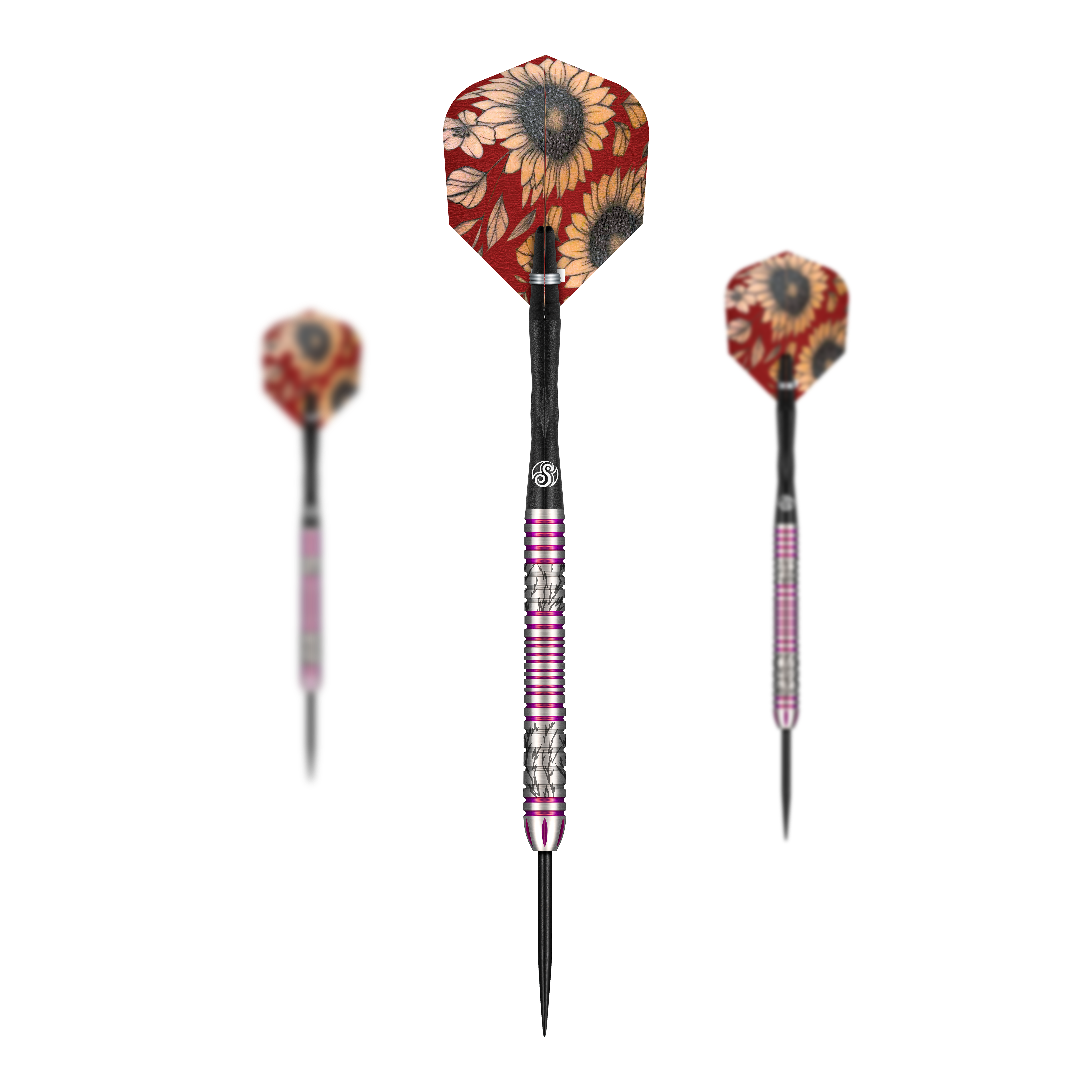 Shot Pro Series Barbora Hospodarska 2 Steeldarts - 23g Das Bild zeigt drei Steeldarts der Marke Shot Pro Series Barora Hospodarska mit einem Gewicht von 23g. Die Flights haben ein auffälliges Sonnenblumenmuster auf rotem Hintergrund.