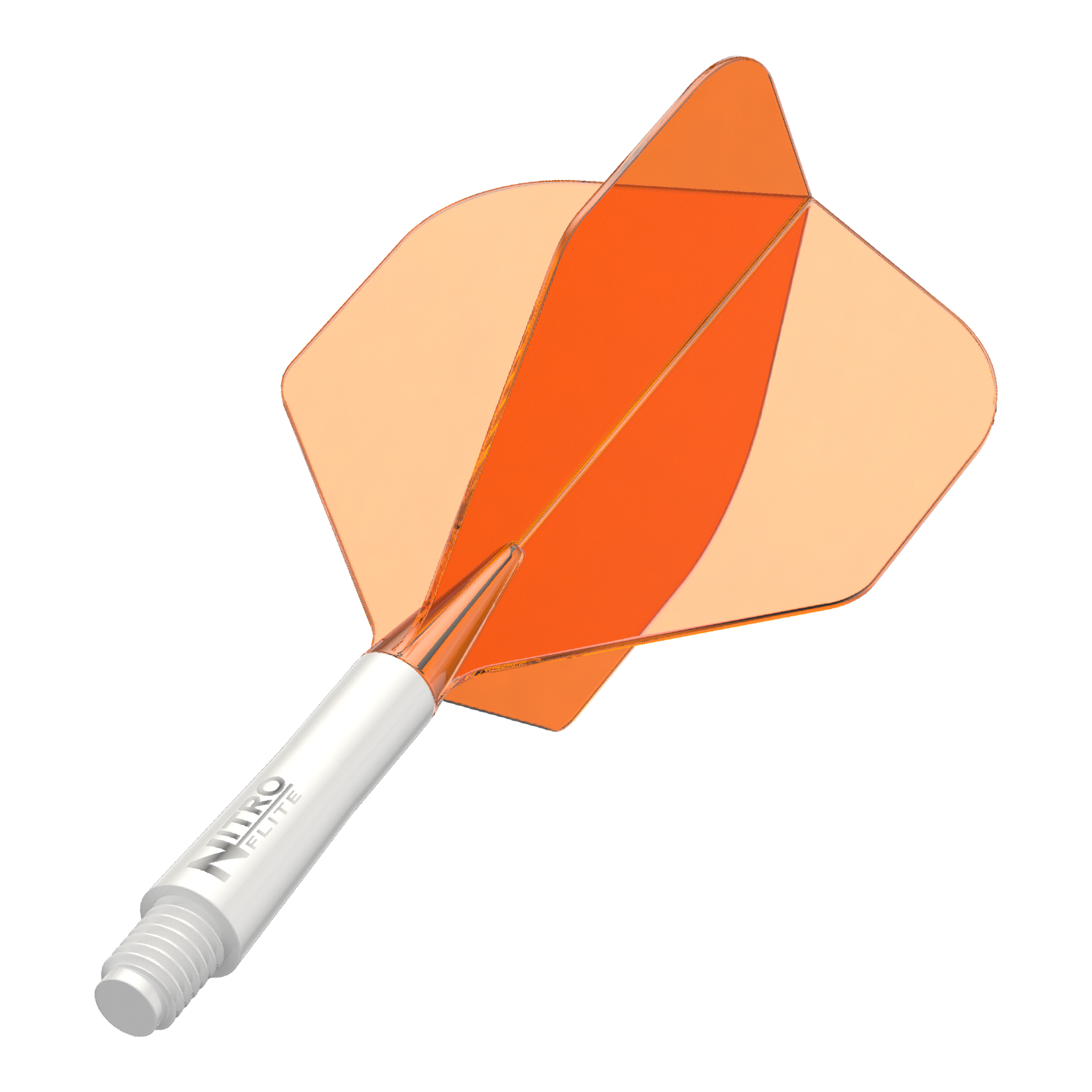 Red Dragon Nitroflite Biały trzonek Pomarańczowe lotki nr 2 Abgebildet ist ein Dart-Schäfte-Set mit weißem Schaft und orangen Flights. Das Produkt scheint ein Red Dragon Nitroflite Modell in kurzer Ausführung zu sein.
