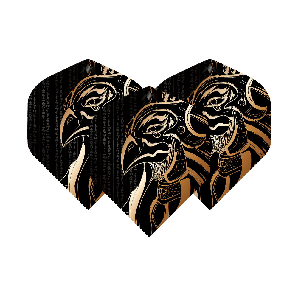 Misja Solo Horus nr 2 Standardowe loty Das Bild zeigt drei Dartflights mit einem gold-schwarzen Horus-Motiv. Die Flights tragen den Namen "Mission Solo Horus No2 Standard Flights".