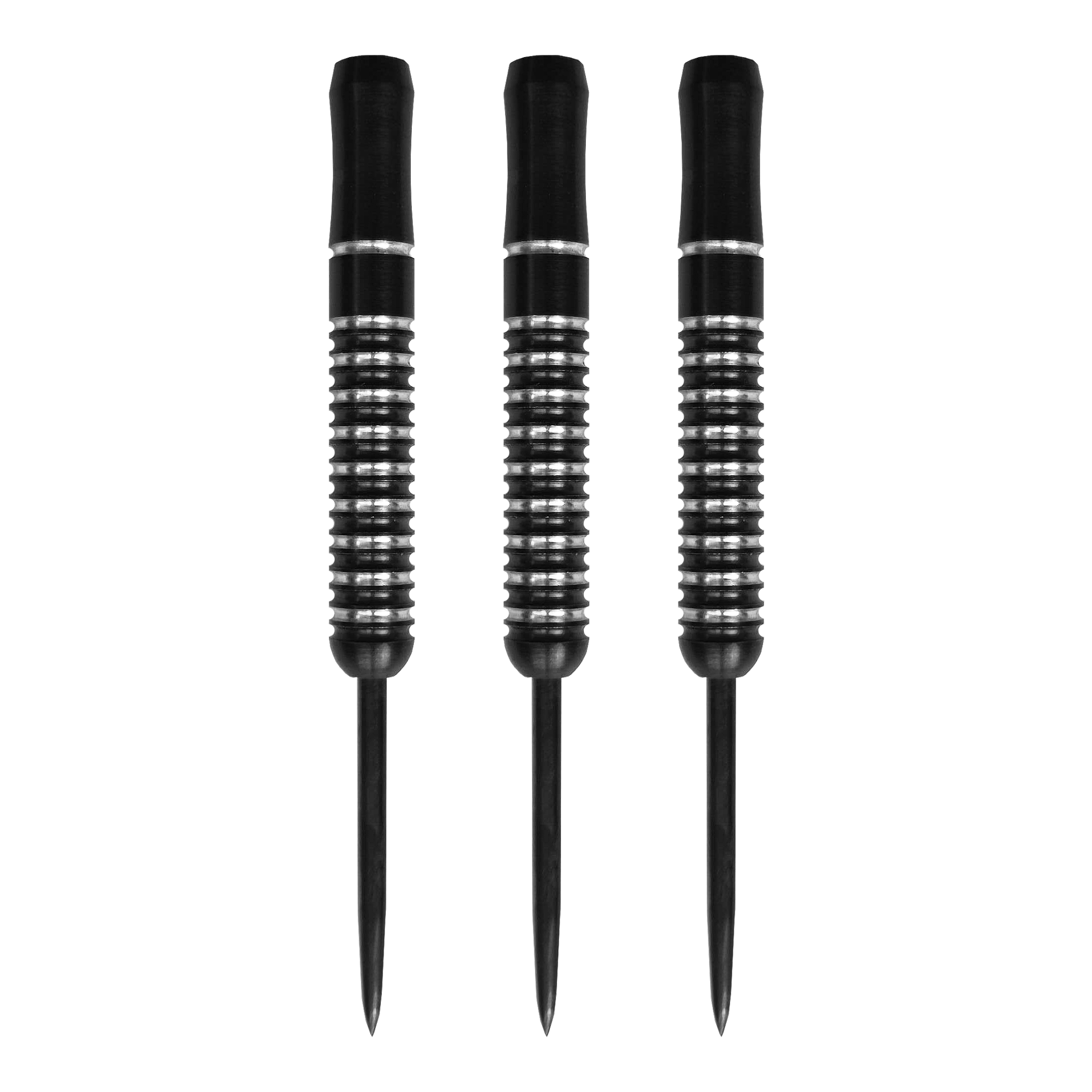 Beczki McDart Void Steeldart - 23g Auf dem Bild sind drei McDart Void Steeldart Barrels mit einem Gewicht von 23g zu sehen. Die Darts sind schwarz mit silbernen Rillen und haben eine schlichte, moderne Optik.