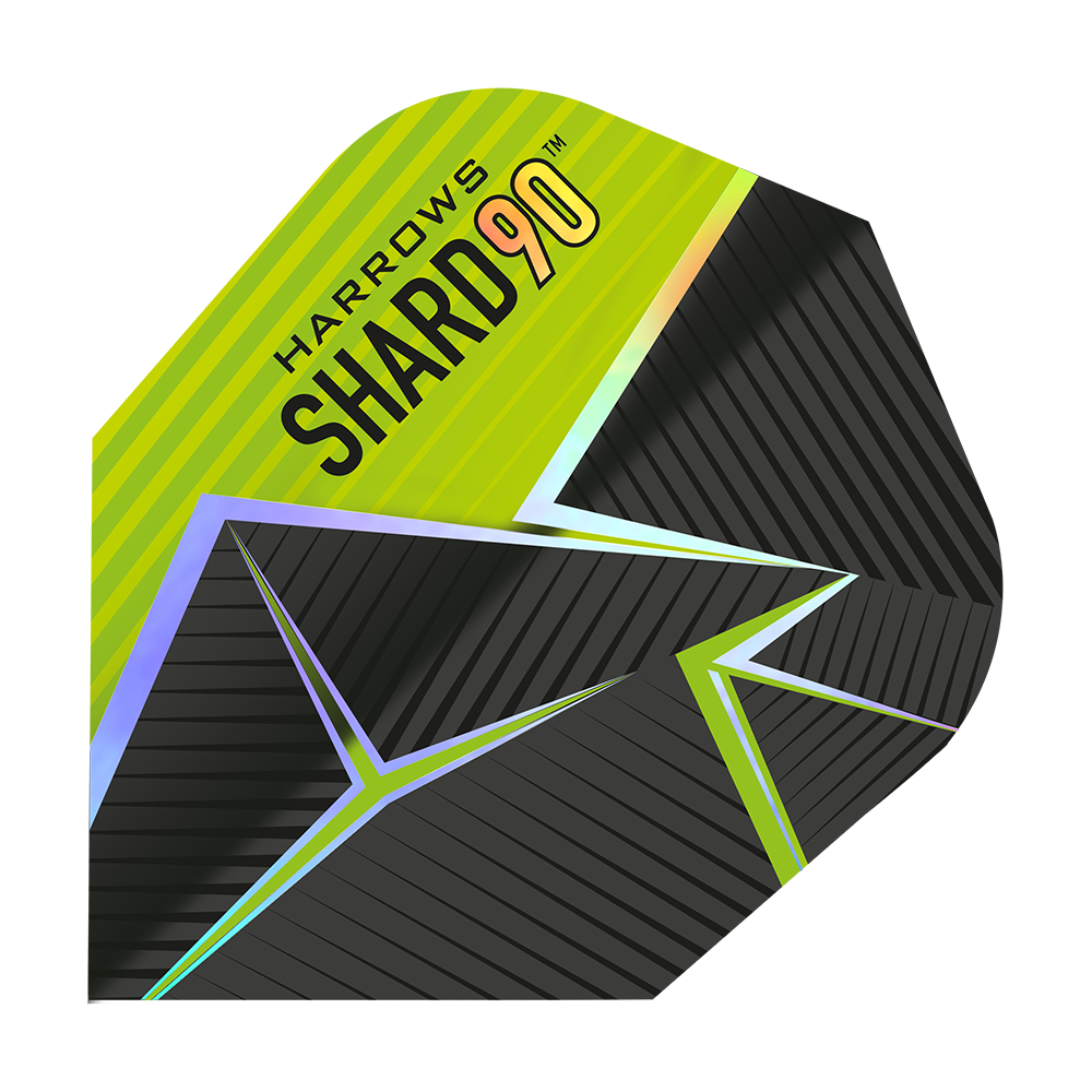 Das Bild zeigt ein Dart-Flight mit dem Namen „Harrows Prime Shard No6“. Das Design ist schwarz und gelb mit geometrischen Linien und dem Aufdruck „SHARD 90“.