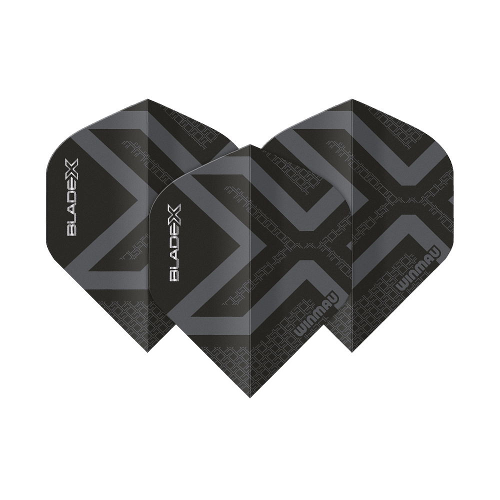 Winmau Prism Delta Blade X Metallic Black No2 Standardowe lotki Abgebildet ist ein Winmau Prism Delta Blade X Metallic Black No2 Standard Flight. Das Produkt erscheint in schwarzer Metallic-Farbe.