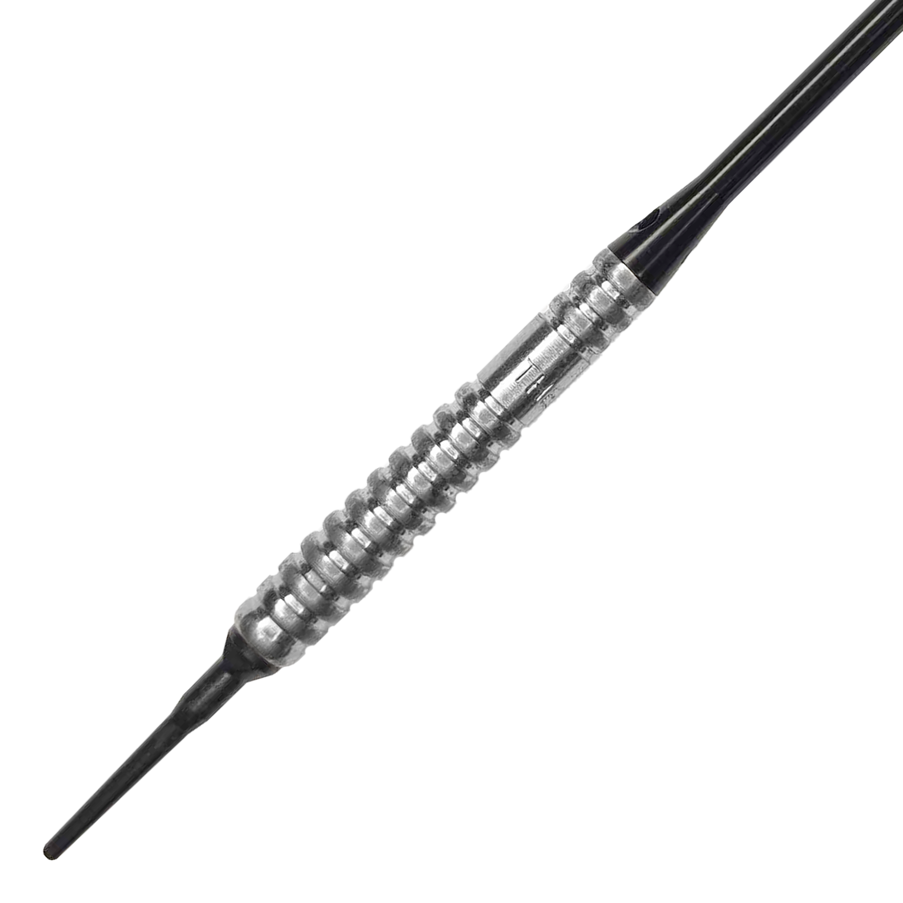Lotki McDart 85 Tungsten V20 Soft Darts - 17g Auf dem Bild ist ein McDart 85er Tungsten V20 Softdart mit einem Gewicht von 17g zu sehen. Der Dartpfeil hat eine silberne, geriffelte Griffzone und eine schwarze Spitze.