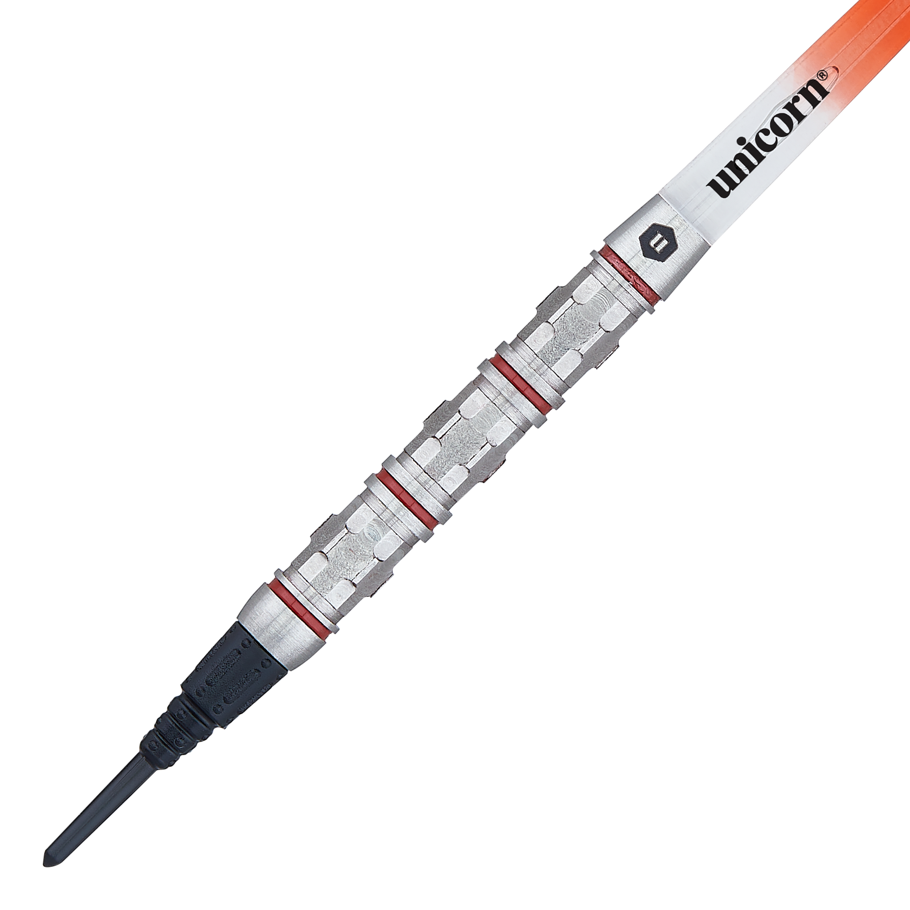 Unicorn Ballista Style 4 miękkie lotki Das Bild zeigt einen Softdart der Marke Unicorn Ballista Style 4. Der Dart hat einen silbernen Barrel mit roten Ringen und einer schwarzen Spitze.