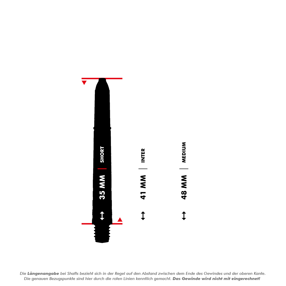 Das Bild zeigt verschiedene Längenangaben für Dart-Shafts, darunter 35 mm (Short), 41 mm (Inter) und 48 mm (Medium). Die Messung erfolgt vom Ende des Gewindes bis zur oberen Kante, das Gewinde wird dabei nicht mitgerechnet.