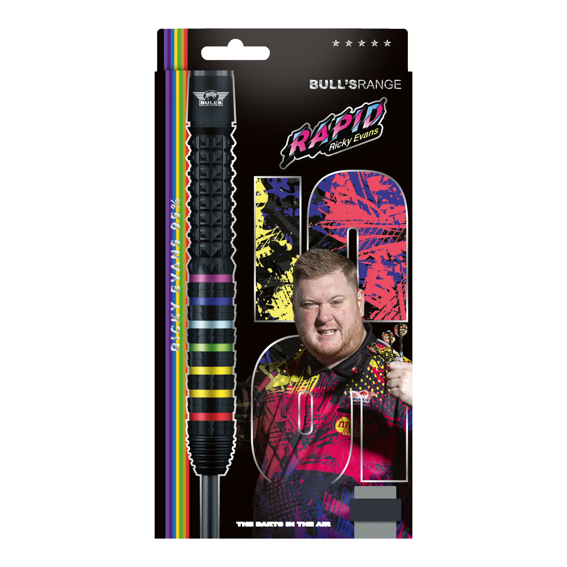 Das Foto zeigt die Bulls NL Ricky Evans Rapid 95 Steeldarts in der 23g-Ausführung. Die Darts werden aus einer anderen Perspektive dargestellt.