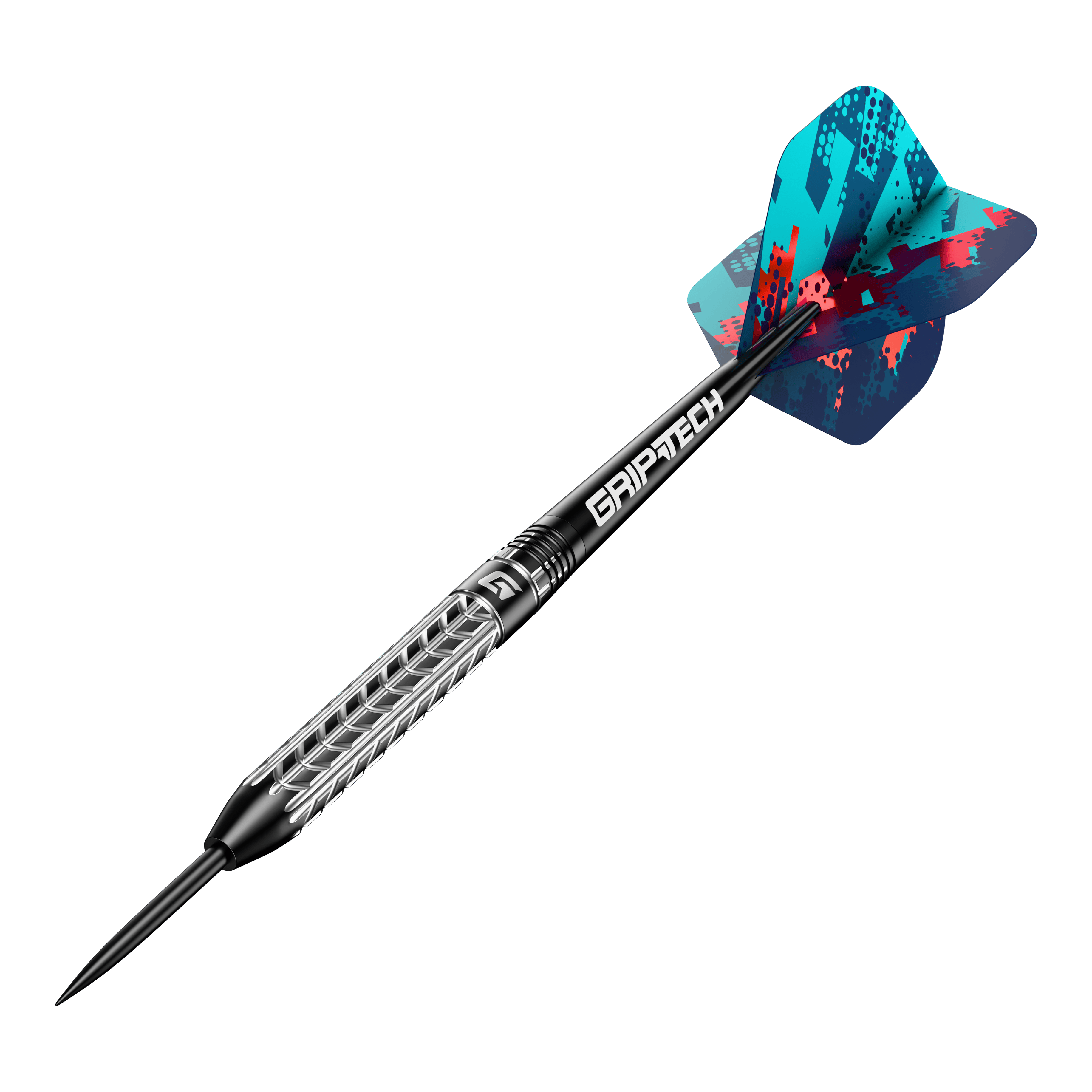 Lotki GOAT Traction ze stali wolframowej Das Bild zeigt einen GOAT Traction Tungsten Steeldart mit einer strukturierten Griffoberfläche und einer farbenfrohen Flight. Der Schaft trägt die Aufschrift "GRIPTECH" und die Spitze ist aus Stahl.